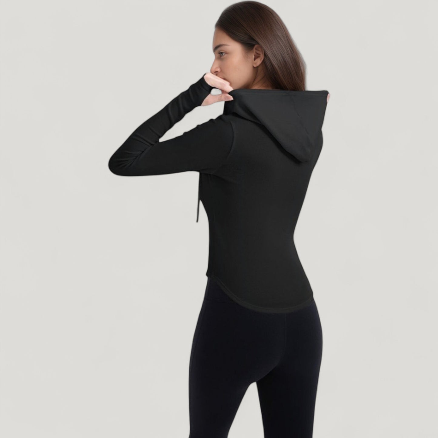 Long Sleeve Pullover Hoodie Top with Half Zip Front and Thumbhole Cuffs