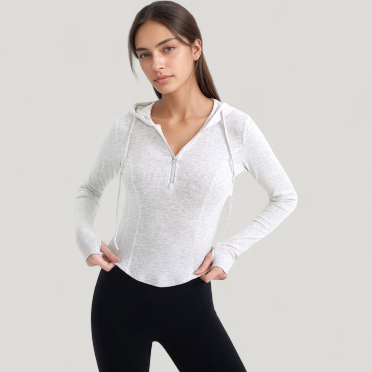 Long Sleeve Pullover Hoodie Top with Half Zip Front and Thumbhole Cuffs