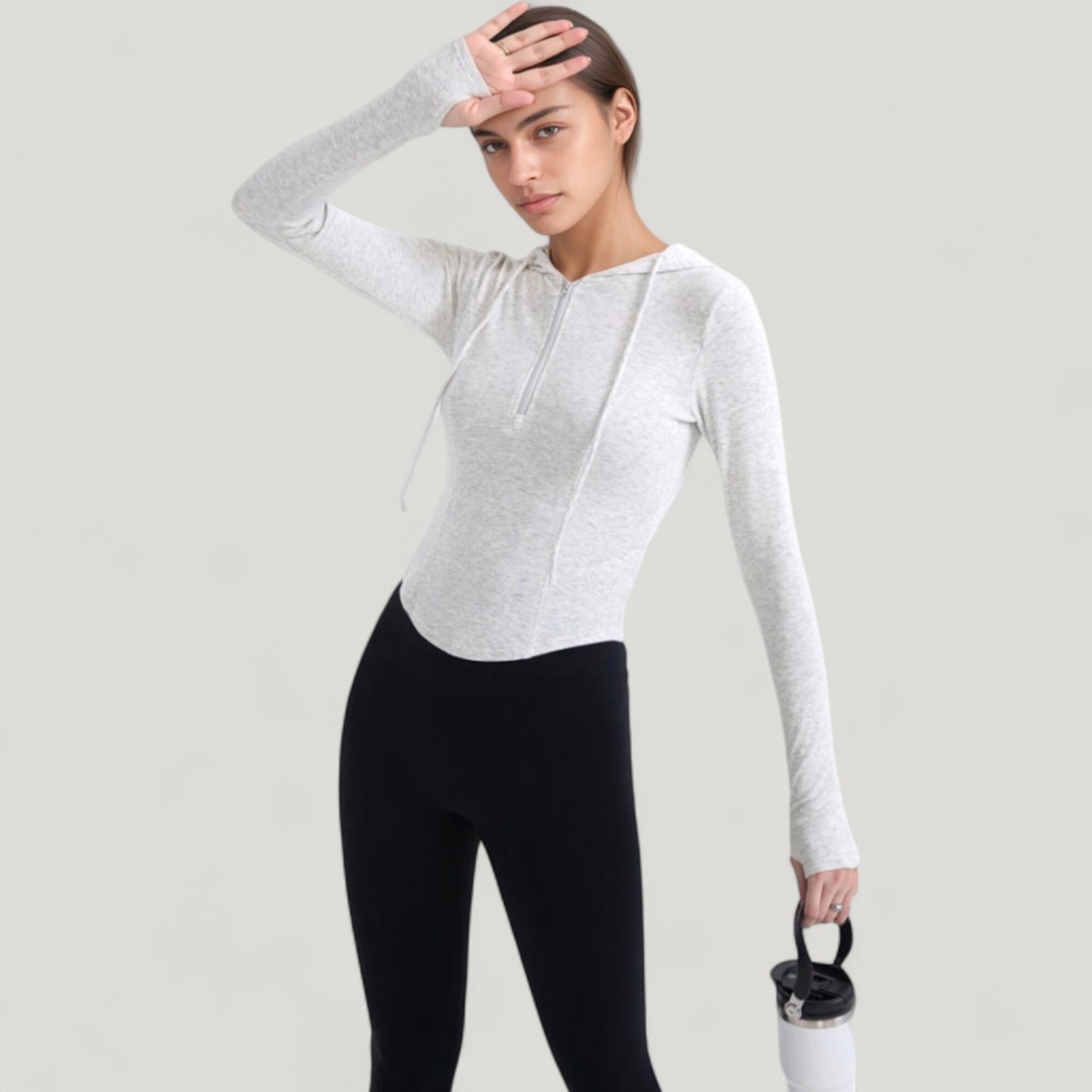Long Sleeve Pullover Hoodie Top with Half Zip Front and Thumbhole Cuffs