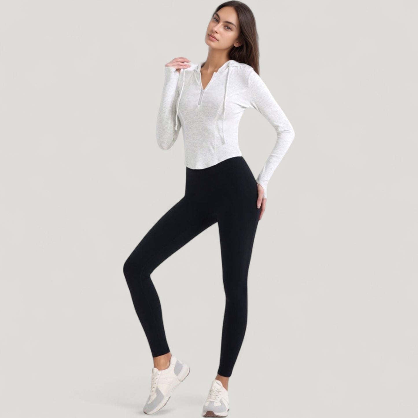 Long Sleeve Pullover Hoodie Top with Half Zip Front and Thumbhole Cuffs