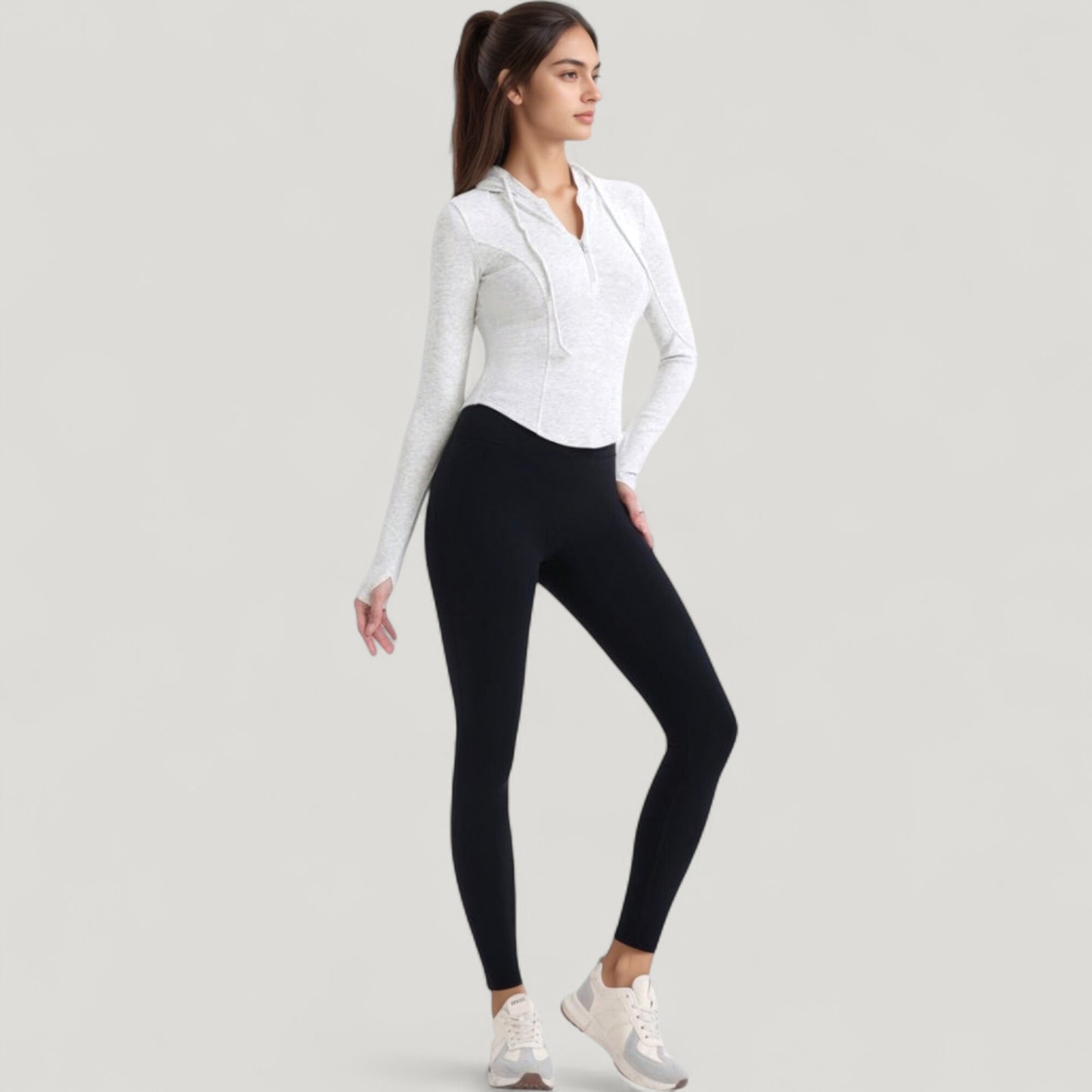 Long Sleeve Pullover Hoodie Top with Half Zip Front and Thumbhole Cuffs