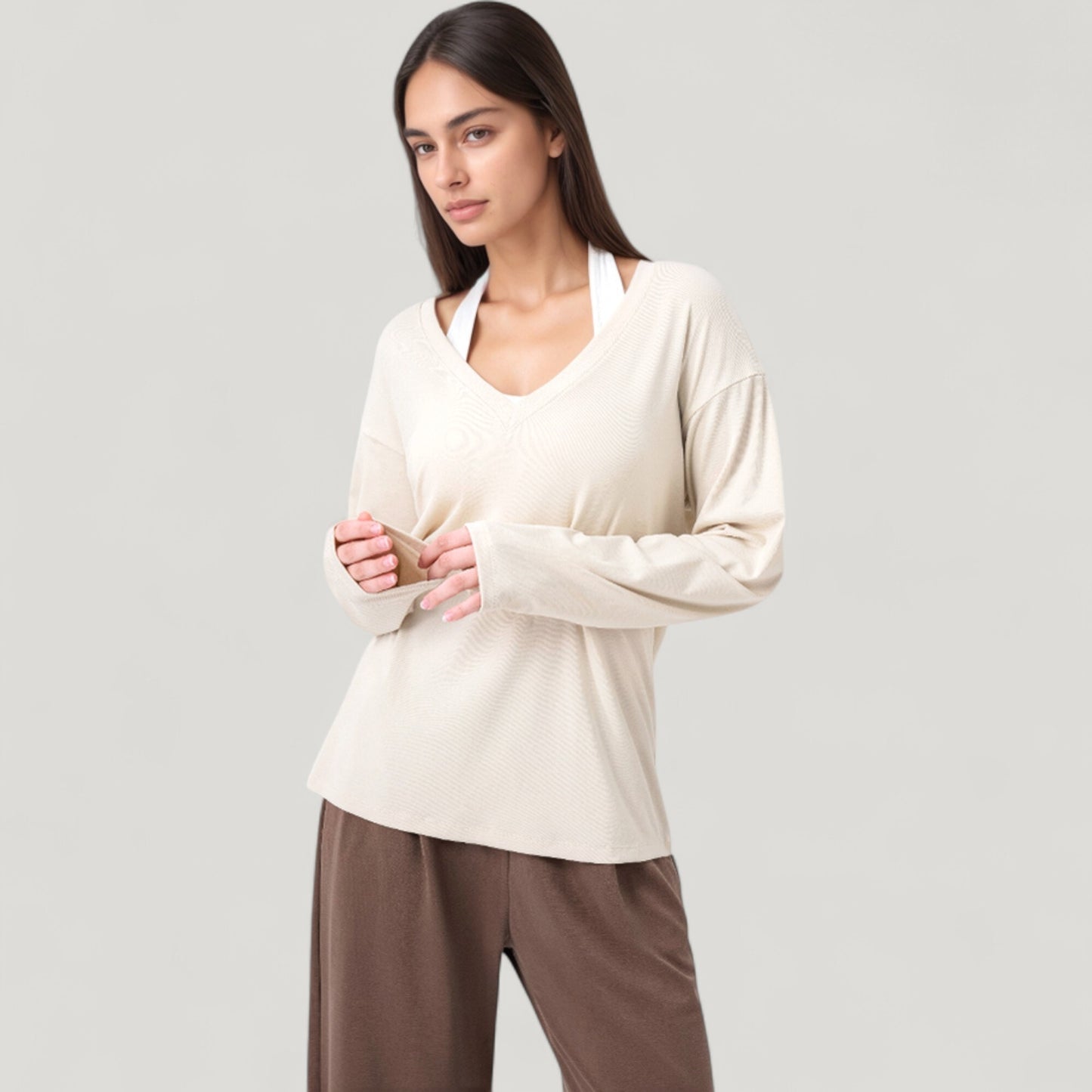 Long Sleeve V-Neck Pullover Top with Relaxed Fit and Drop Shoulder Design