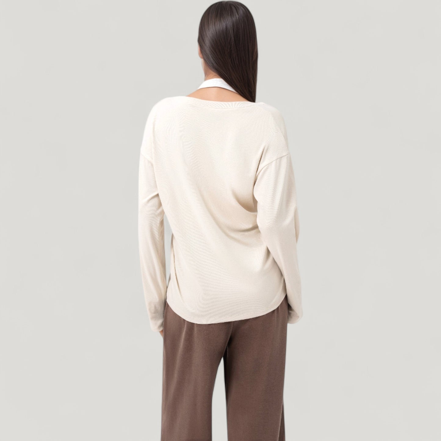 Long Sleeve V-Neck Pullover Top with Relaxed Fit and Drop Shoulder Design