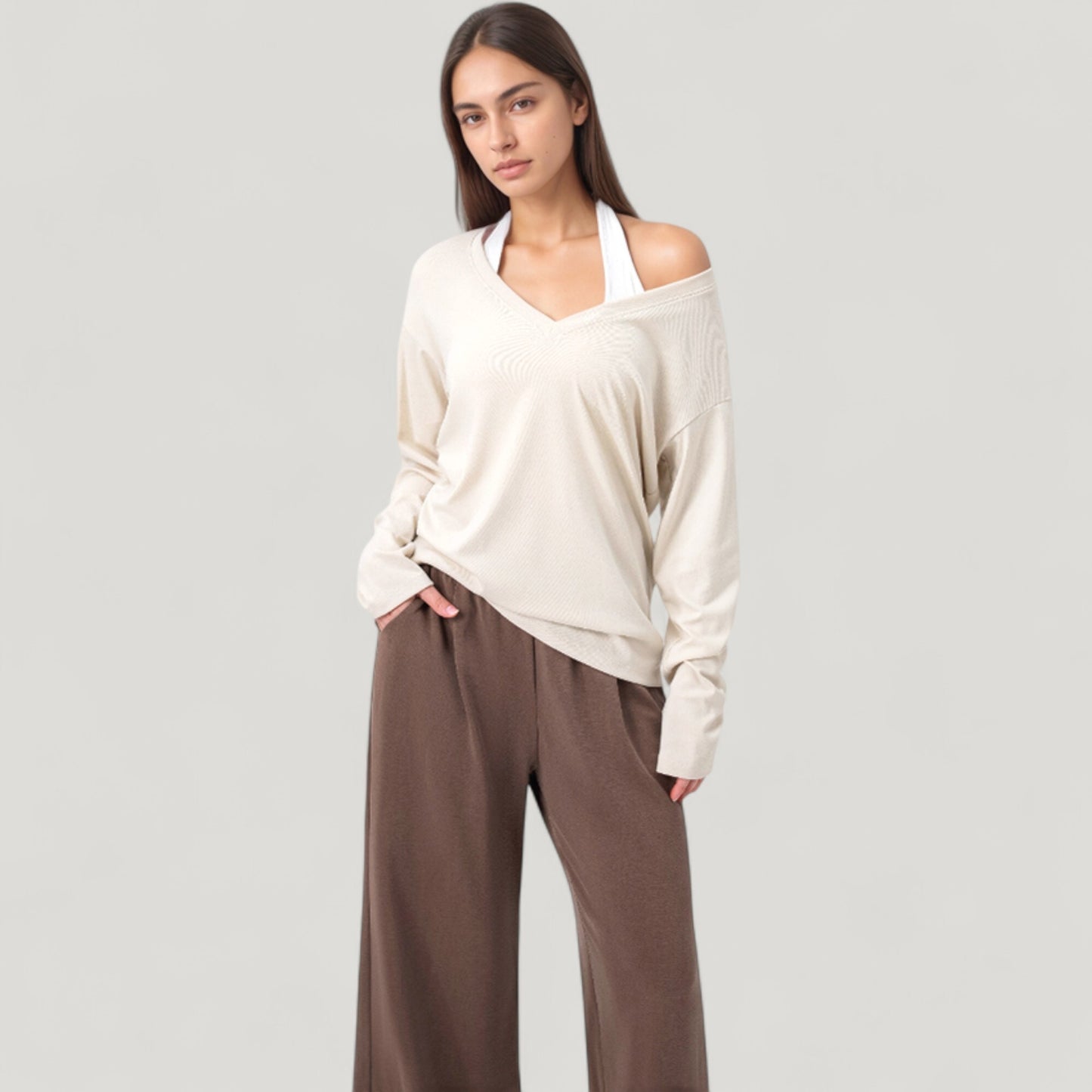 Long Sleeve V-Neck Pullover Top with Relaxed Fit and Drop Shoulder Design