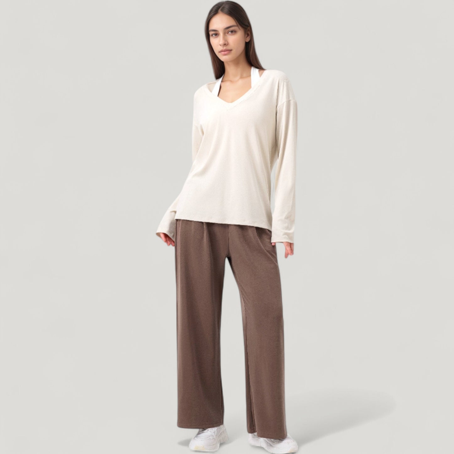 Long Sleeve V-Neck Pullover Top with Relaxed Fit and Drop Shoulder Design