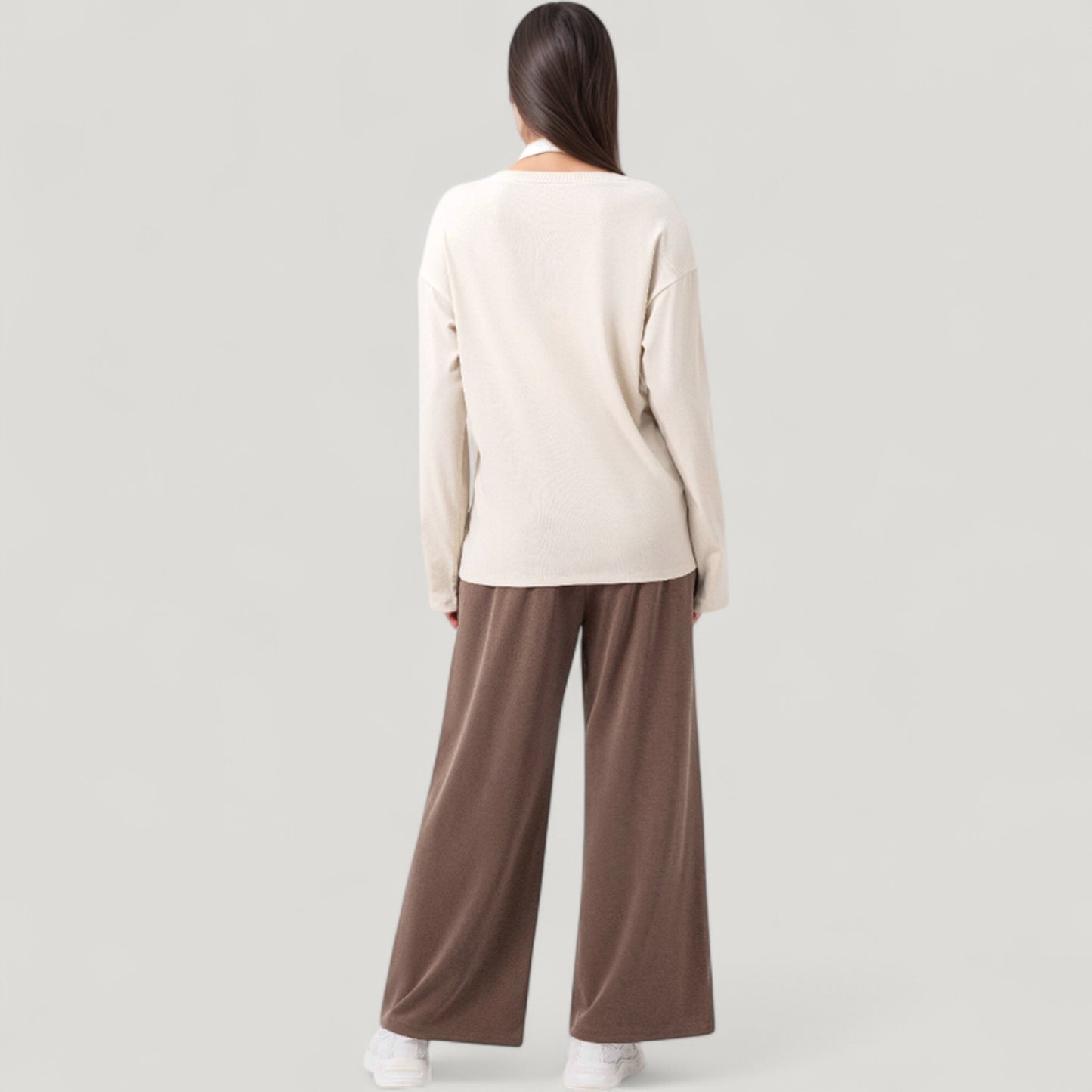 Long Sleeve V-Neck Pullover Top with Relaxed Fit and Drop Shoulder Design