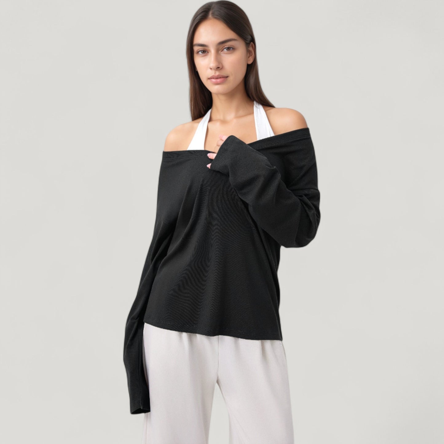 Long Sleeve V-Neck Pullover Top with Relaxed Fit and Drop Shoulder Design