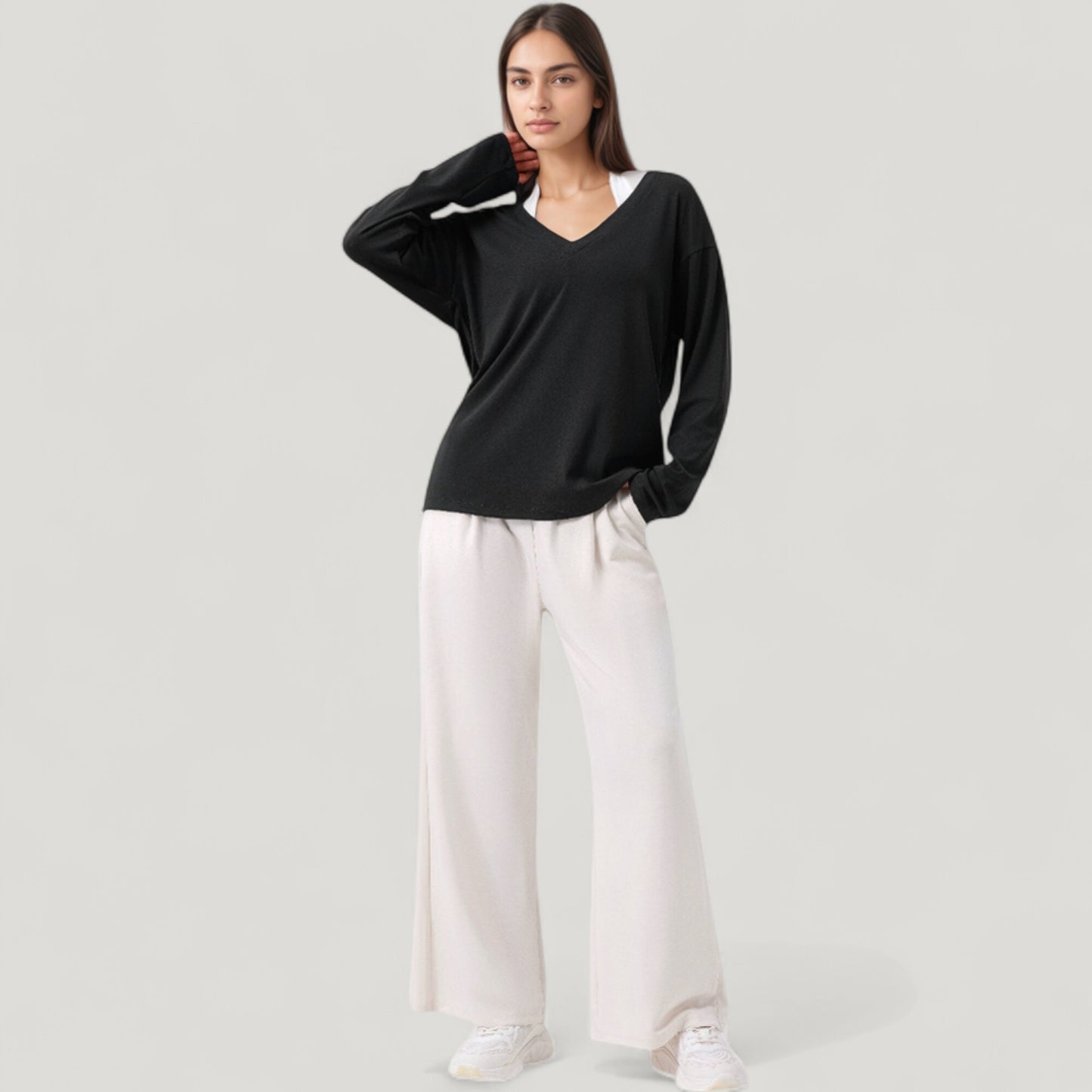 Long Sleeve V-Neck Pullover Top with Relaxed Fit and Drop Shoulder Design