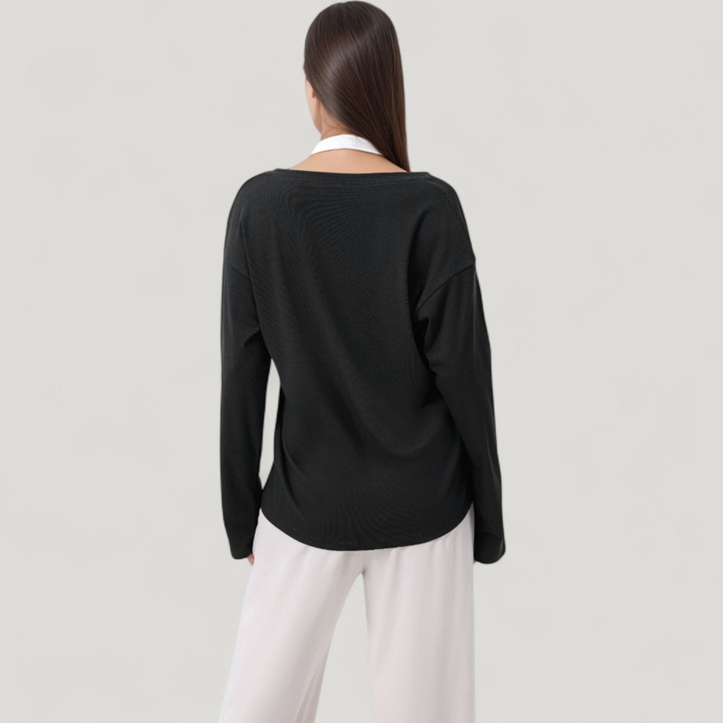 Long Sleeve V-Neck Pullover Top with Relaxed Fit and Drop Shoulder Design