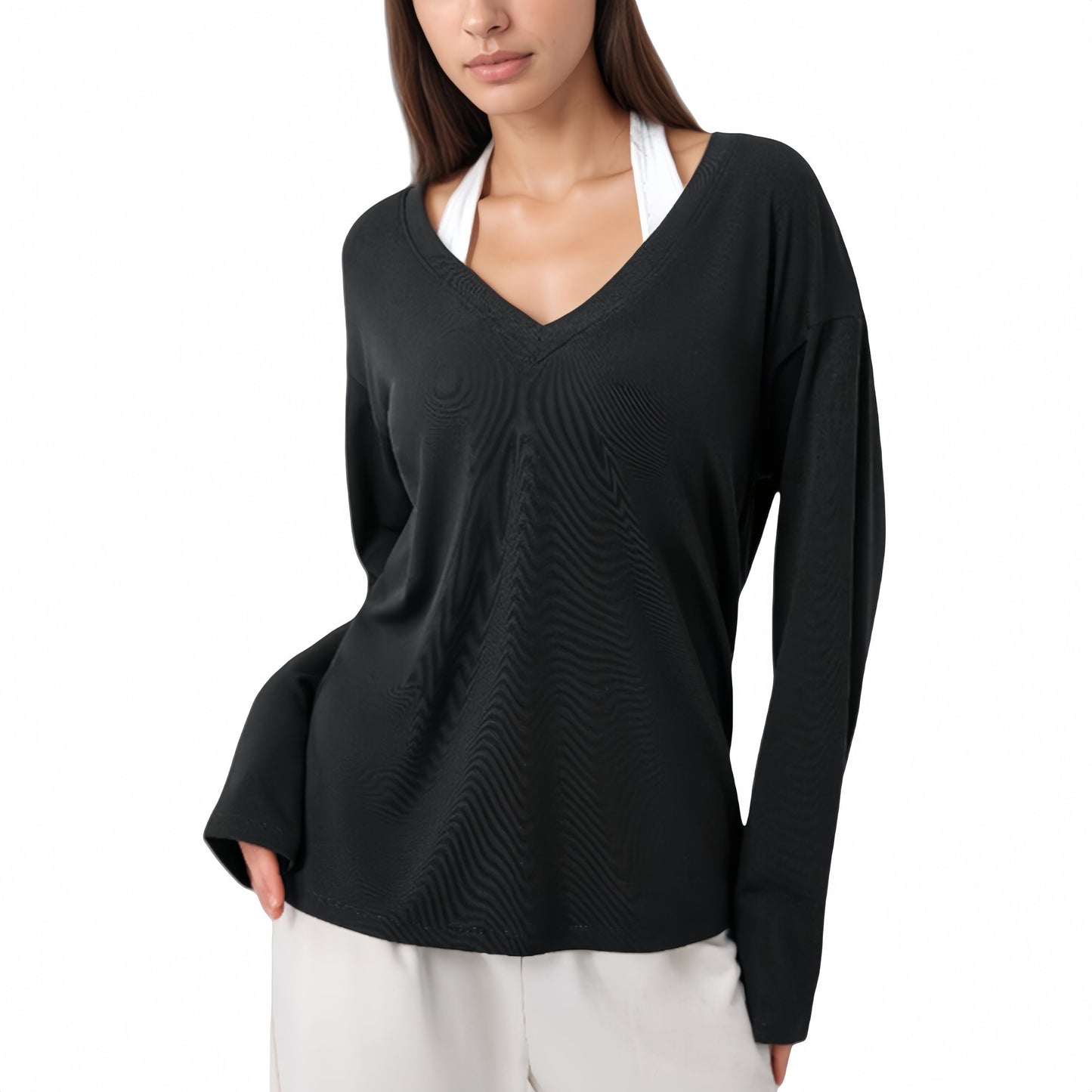 Long Sleeve V-Neck Pullover Top with Relaxed Fit and Drop Shoulder Design