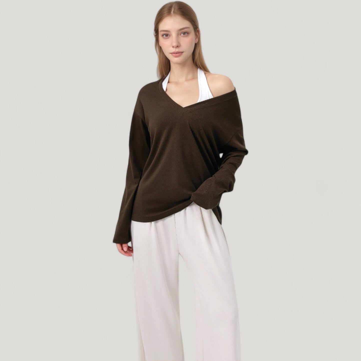 Long Sleeve V-Neck Pullover Top with Relaxed Fit and Drop Shoulder Design