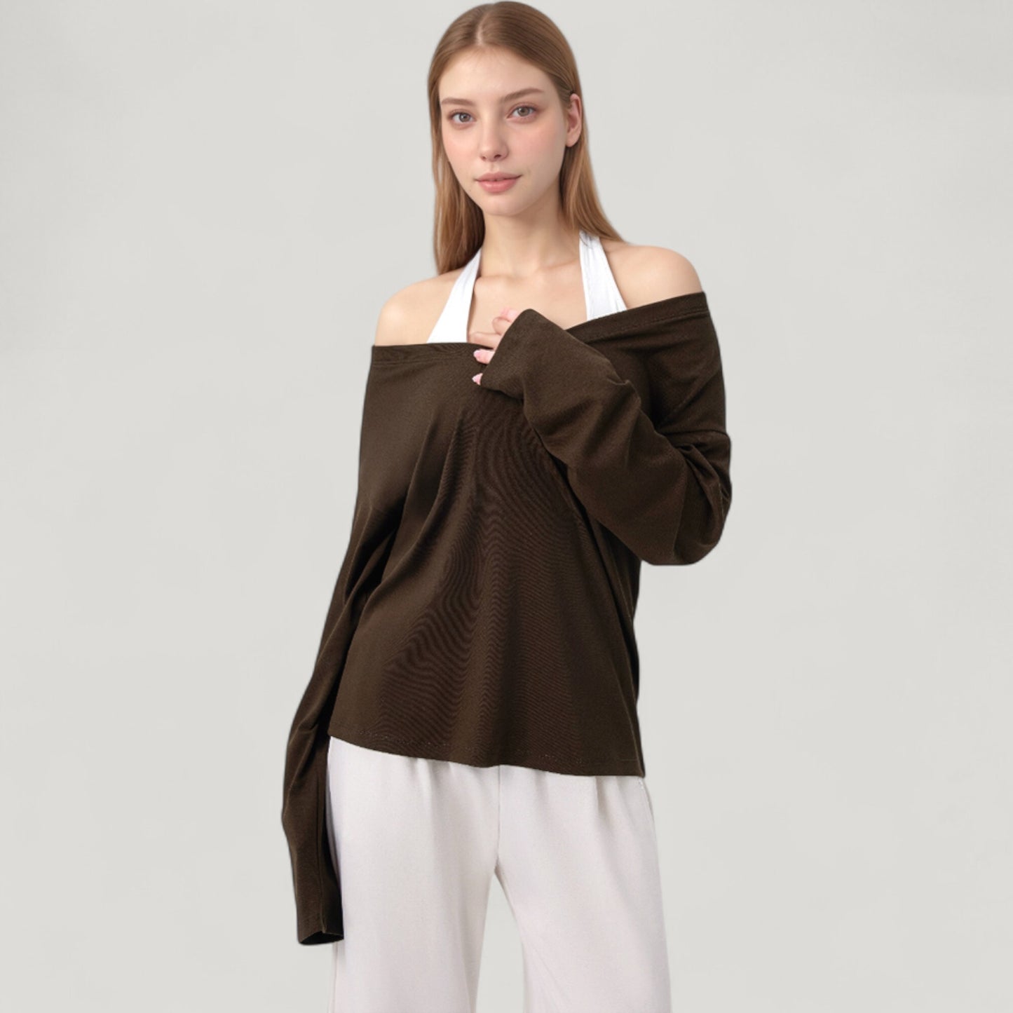 Long Sleeve V-Neck Pullover Top with Relaxed Fit and Drop Shoulder Design