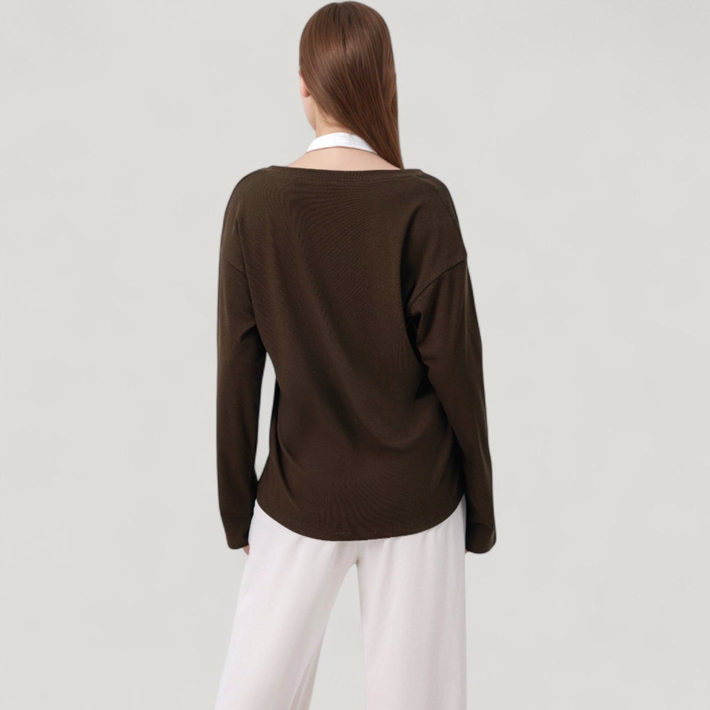 Long Sleeve V-Neck Pullover Top with Relaxed Fit and Drop Shoulder Design