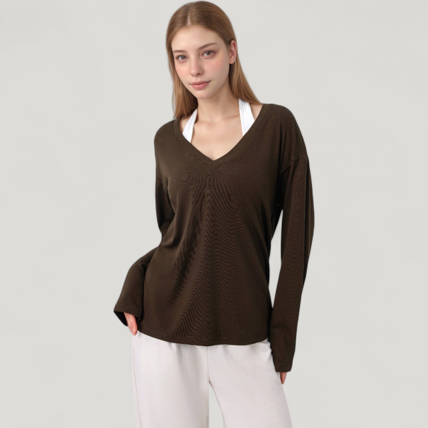 Long Sleeve V-Neck Pullover Top with Relaxed Fit and Drop Shoulder Design