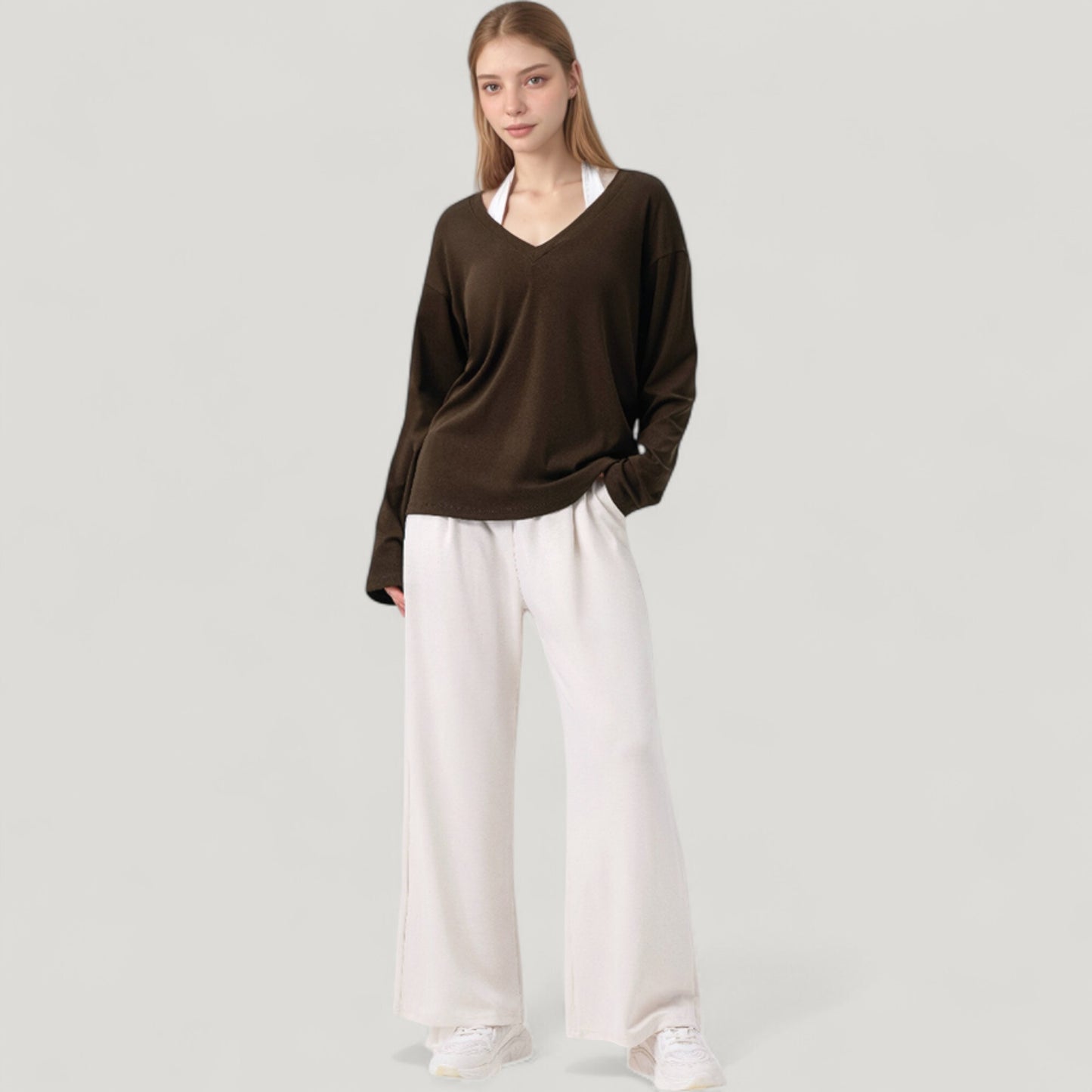 Long Sleeve V-Neck Pullover Top with Relaxed Fit and Drop Shoulder Design
