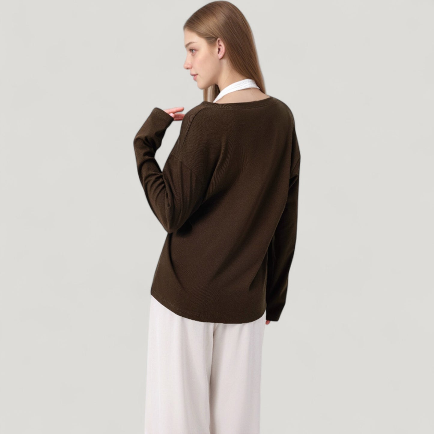Long Sleeve V-Neck Pullover Top with Relaxed Fit and Drop Shoulder Design