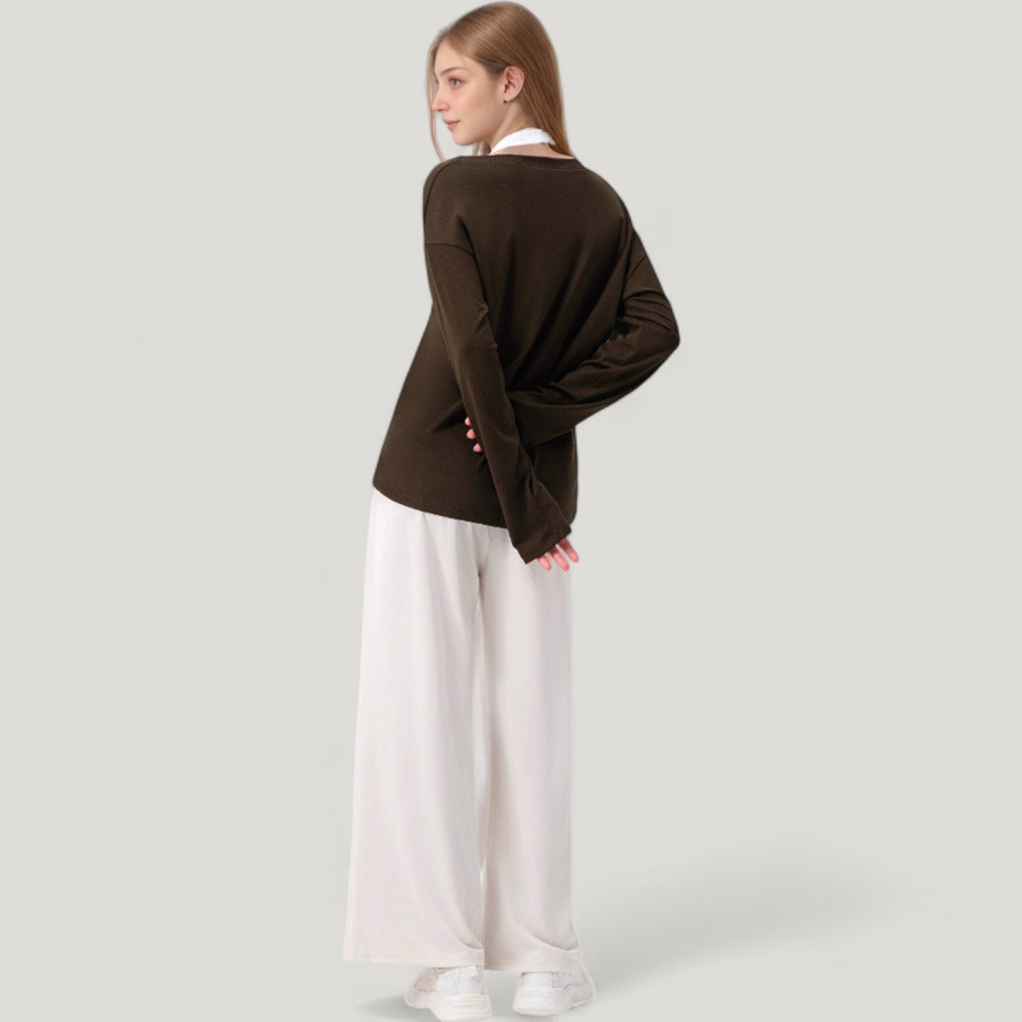Long Sleeve V-Neck Pullover Top with Relaxed Fit and Drop Shoulder Design