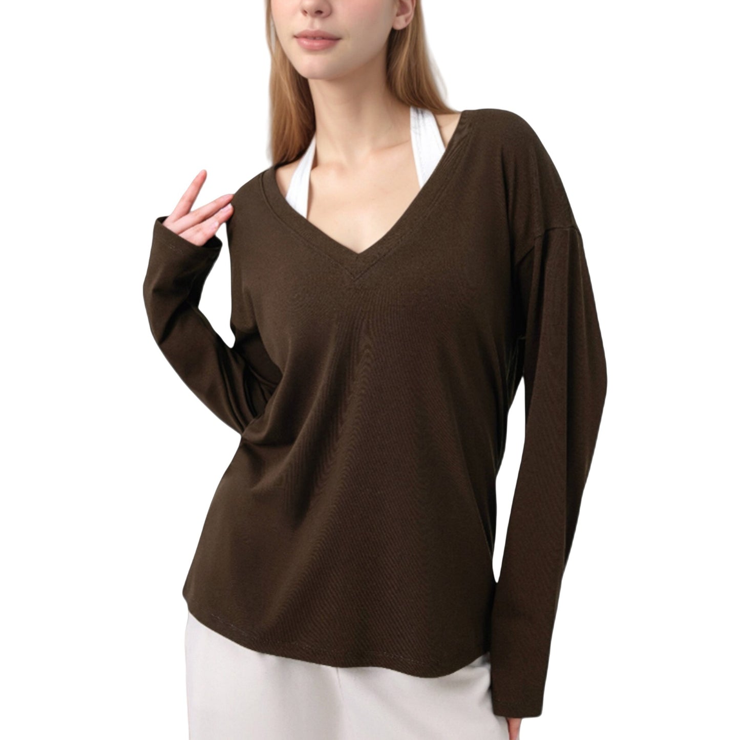 Long Sleeve V-Neck Pullover Top with Relaxed Fit and Drop Shoulder Design
