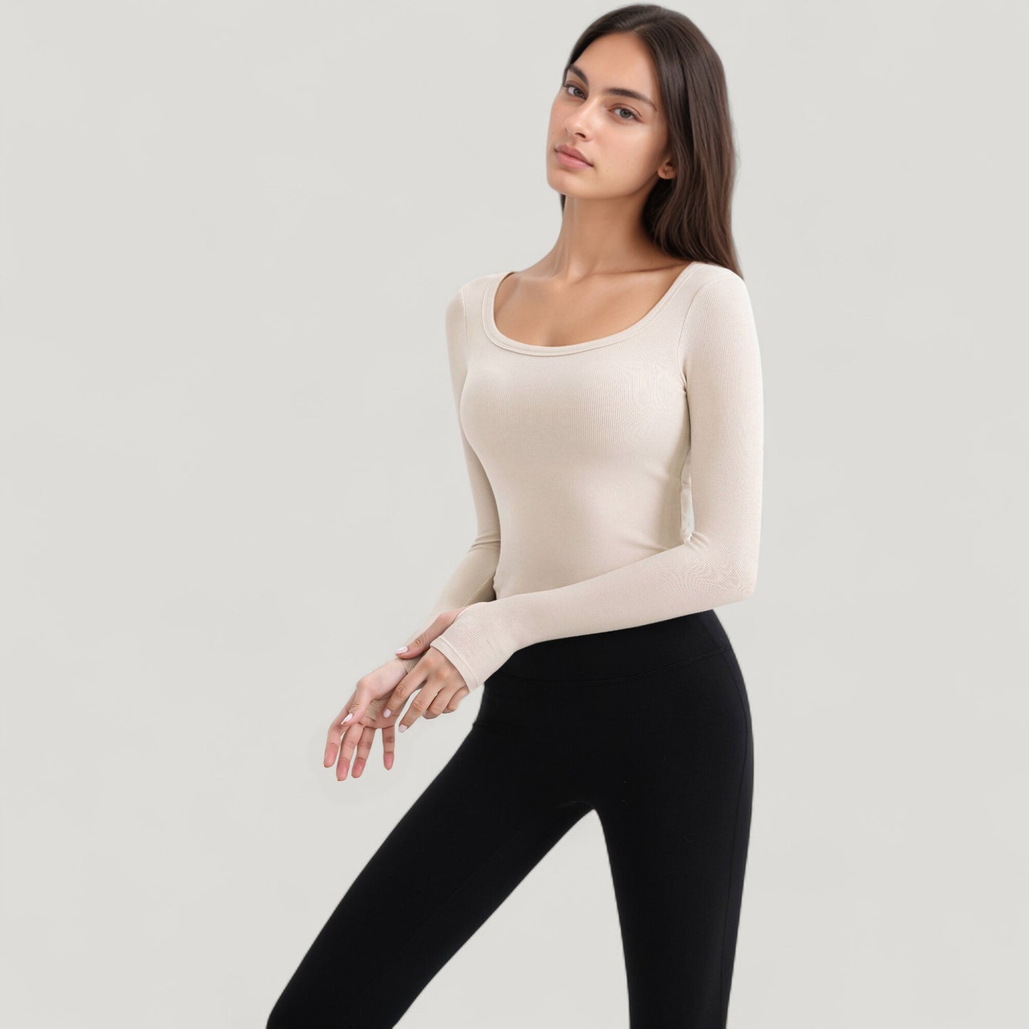 Long Sleeve Pullover Top with Deep Scoop Neck and Fitted Stretch Design