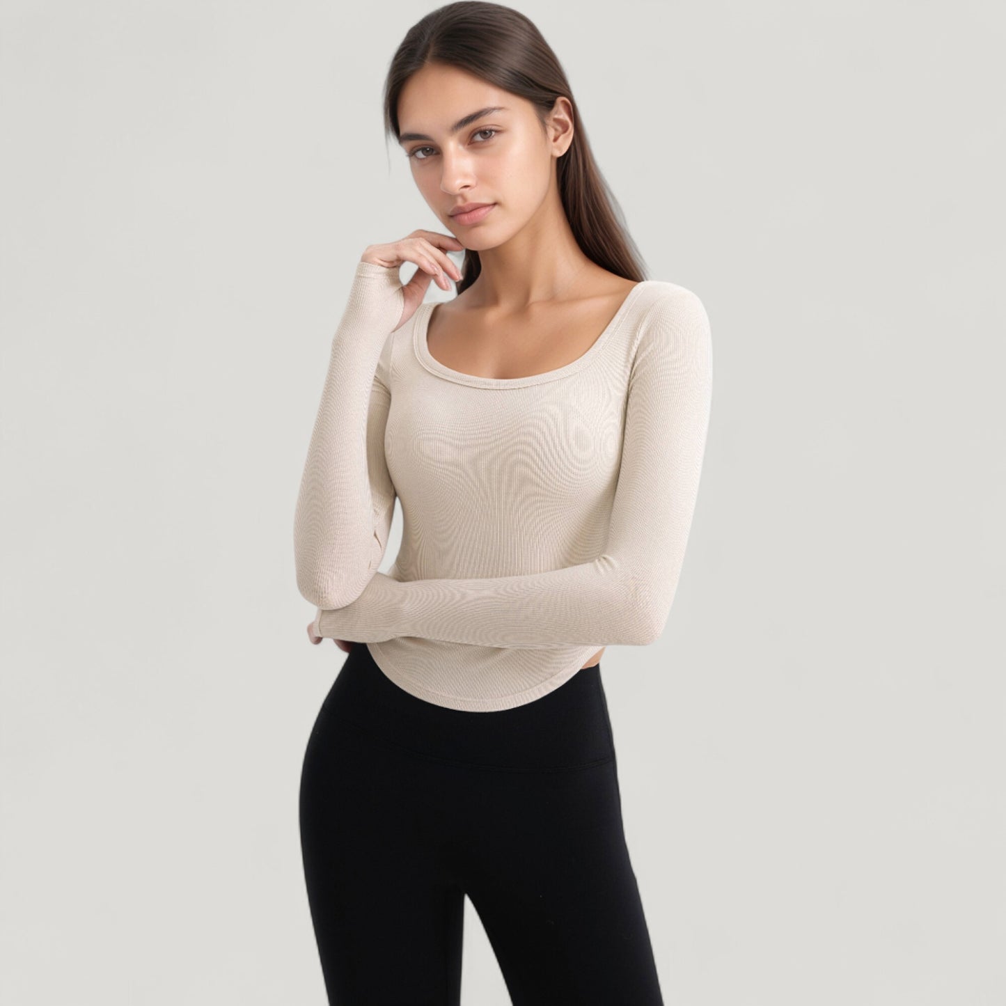 Long Sleeve Pullover Top with Deep Scoop Neck and Fitted Stretch Design