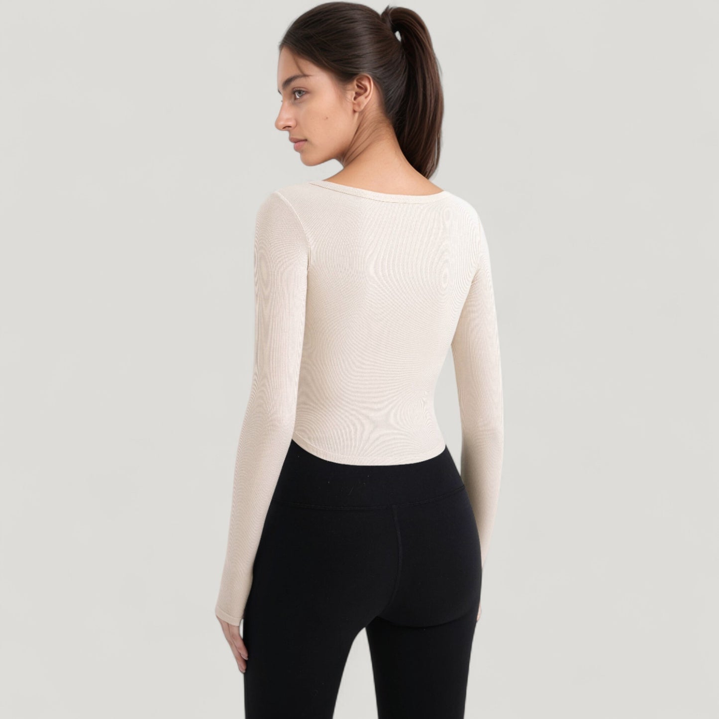 Long Sleeve Pullover Top with Deep Scoop Neck and Fitted Stretch Design