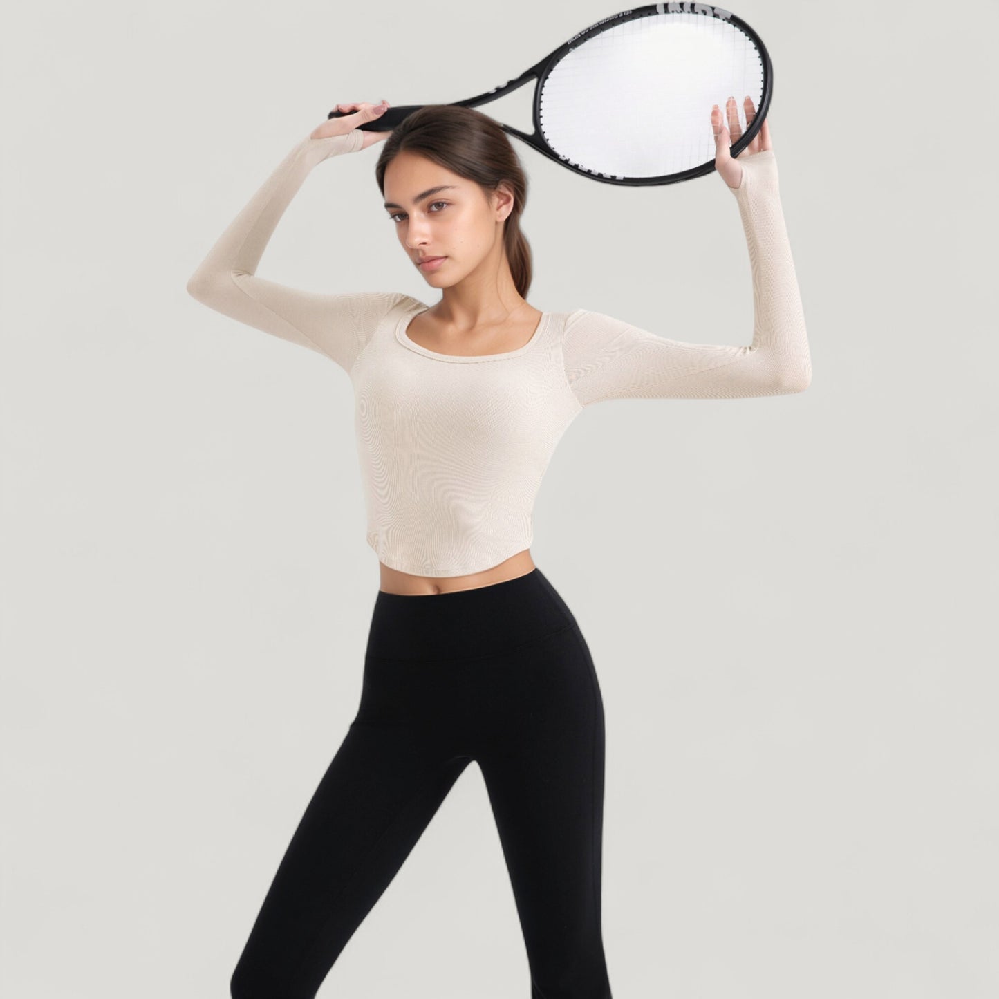 Long Sleeve Pullover Top with Deep Scoop Neck and Fitted Stretch Design
