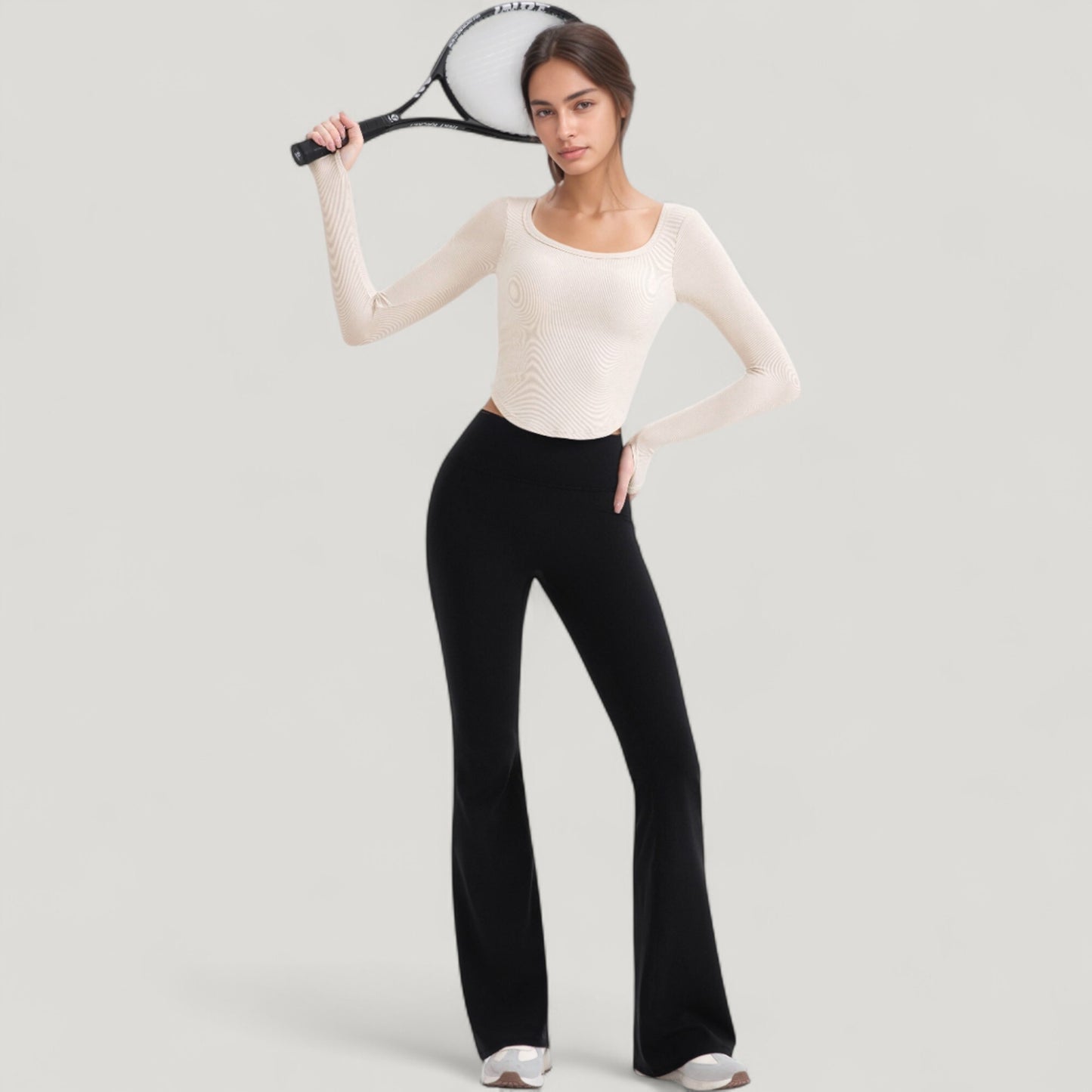 Long Sleeve Pullover Top with Deep Scoop Neck and Fitted Stretch Design