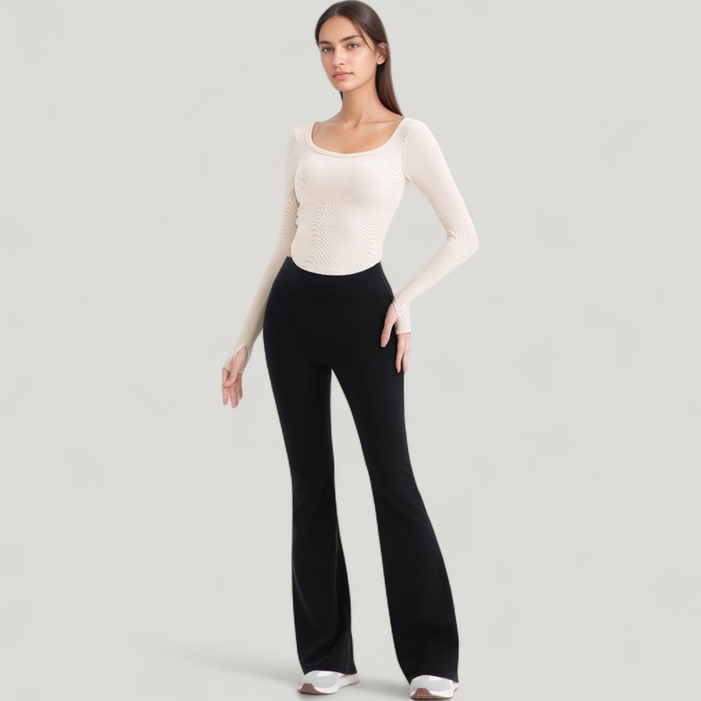 Long Sleeve Pullover Top with Deep Scoop Neck and Fitted Stretch Design