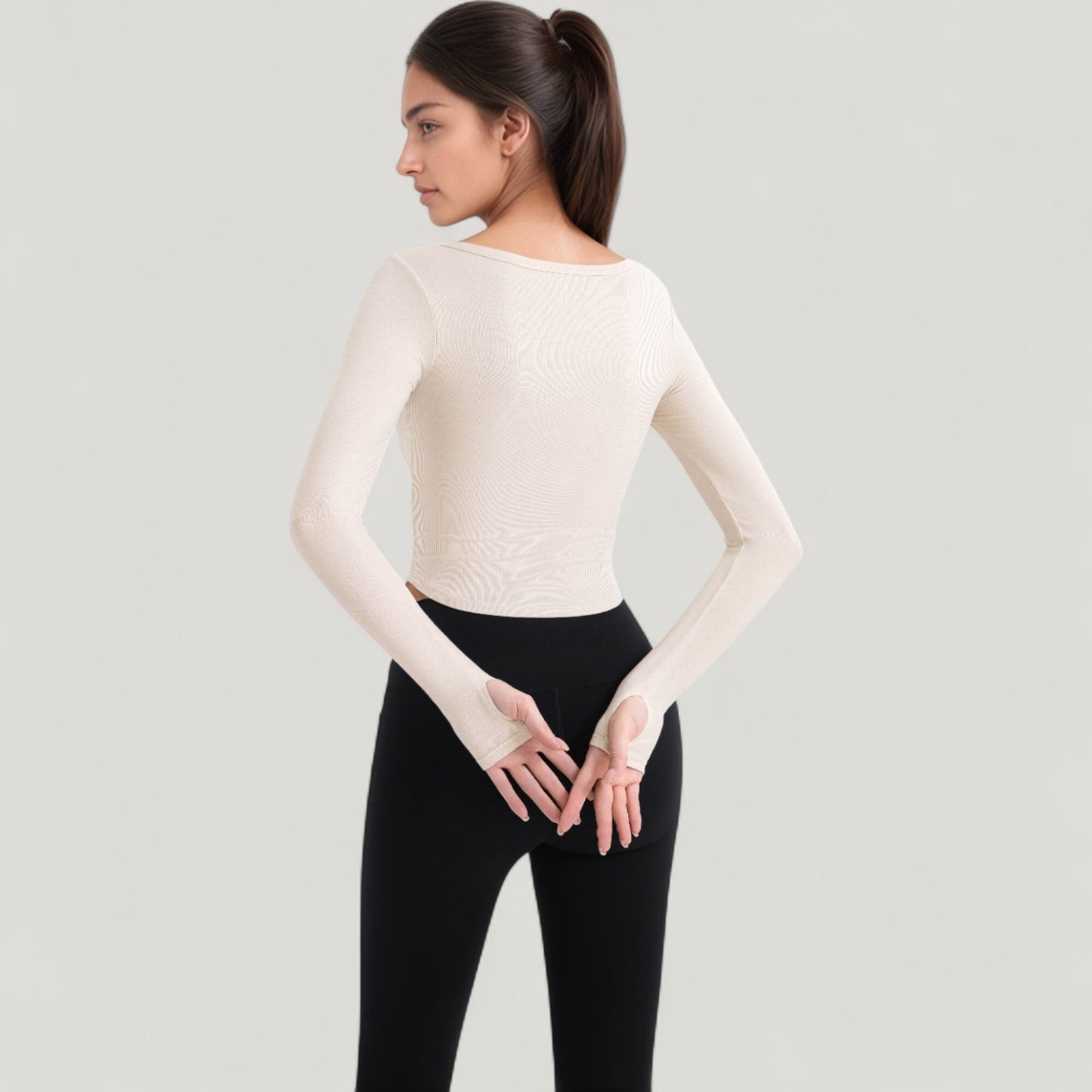 Long Sleeve Pullover Top with Deep Scoop Neck and Fitted Stretch Design