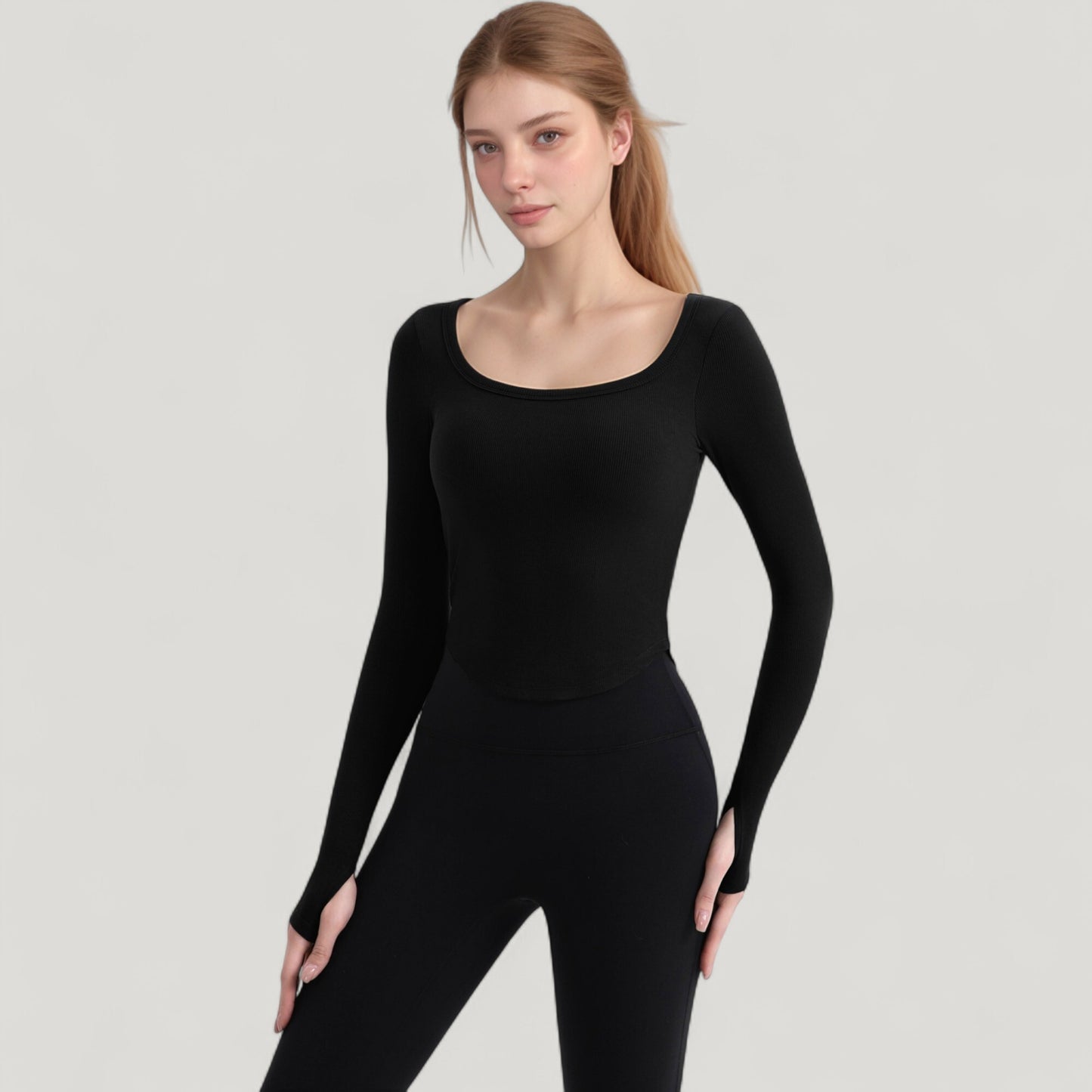 Long Sleeve Pullover Top with Deep Scoop Neck and Fitted Stretch Design