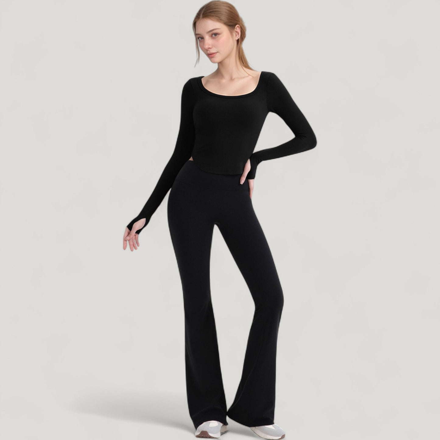 Long Sleeve Pullover Top with Deep Scoop Neck and Fitted Stretch Design
