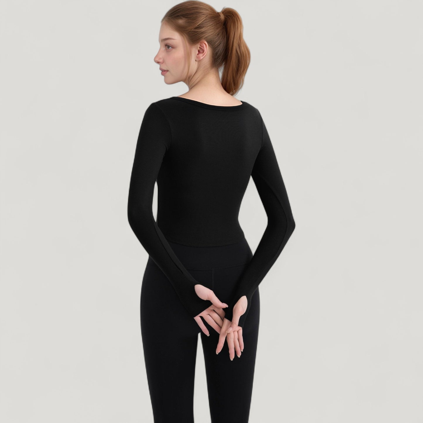 Long Sleeve Pullover Top with Deep Scoop Neck and Fitted Stretch Design