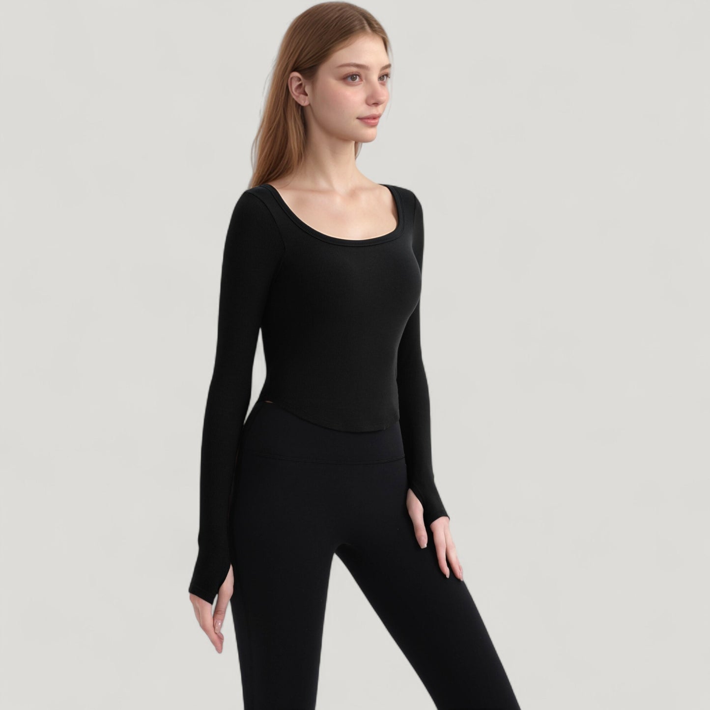 Long Sleeve Pullover Top with Deep Scoop Neck and Fitted Stretch Design