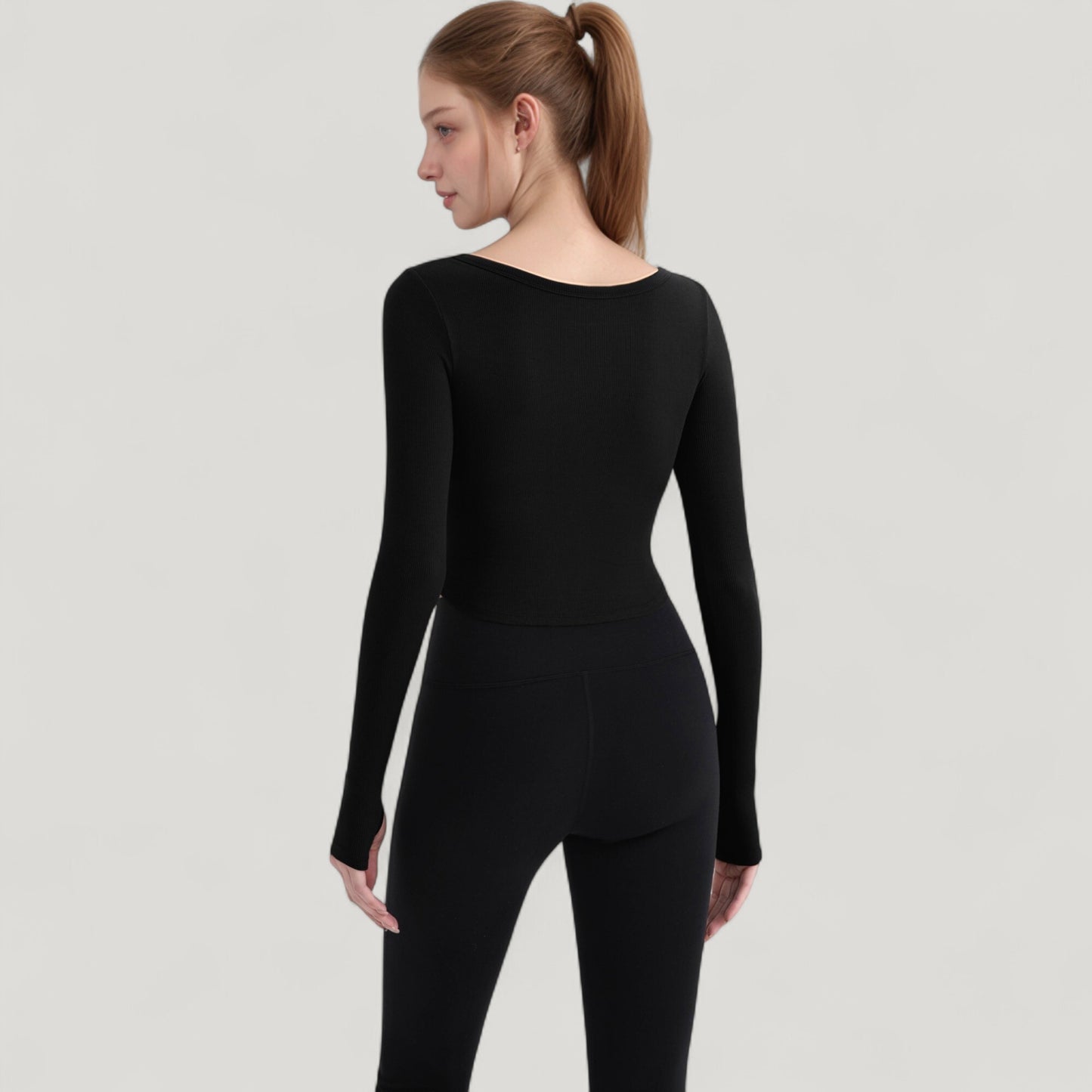 Long Sleeve Pullover Top with Deep Scoop Neck and Fitted Stretch Design