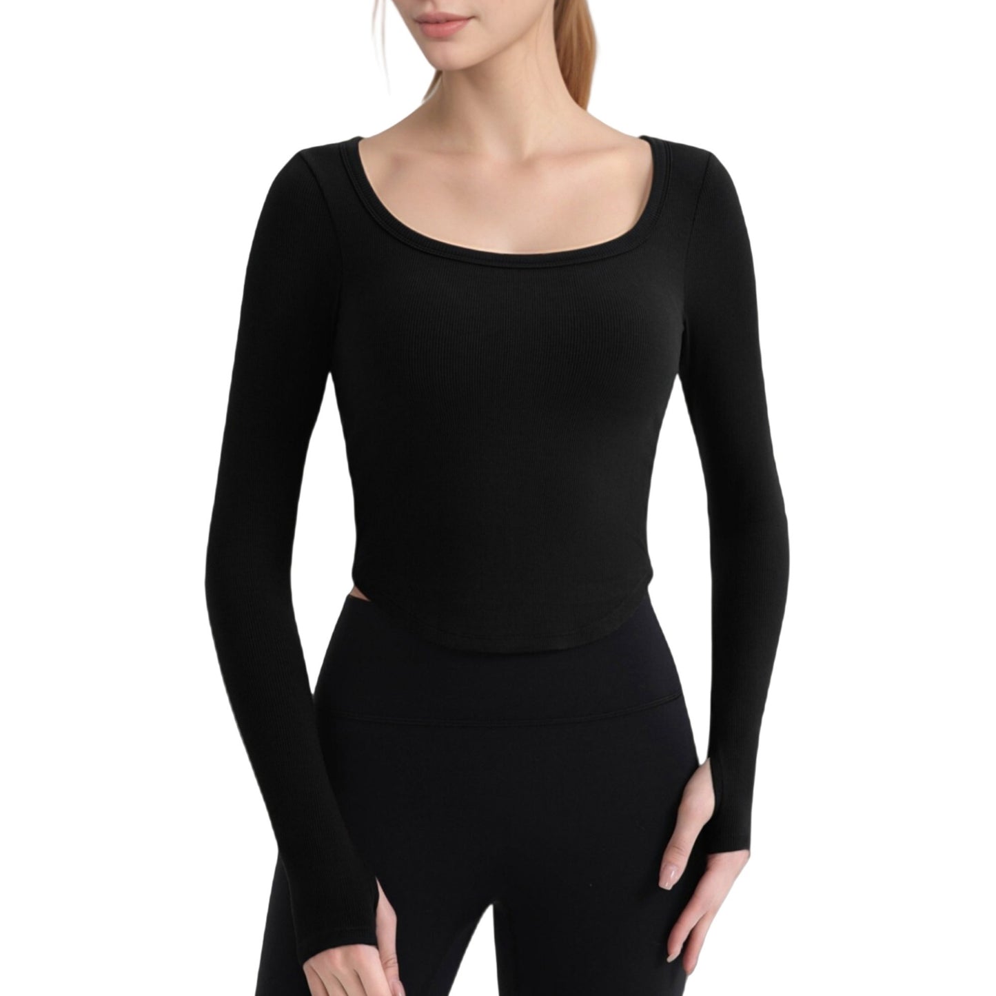 Long Sleeve Pullover Top with Deep Scoop Neck and Fitted Stretch Design