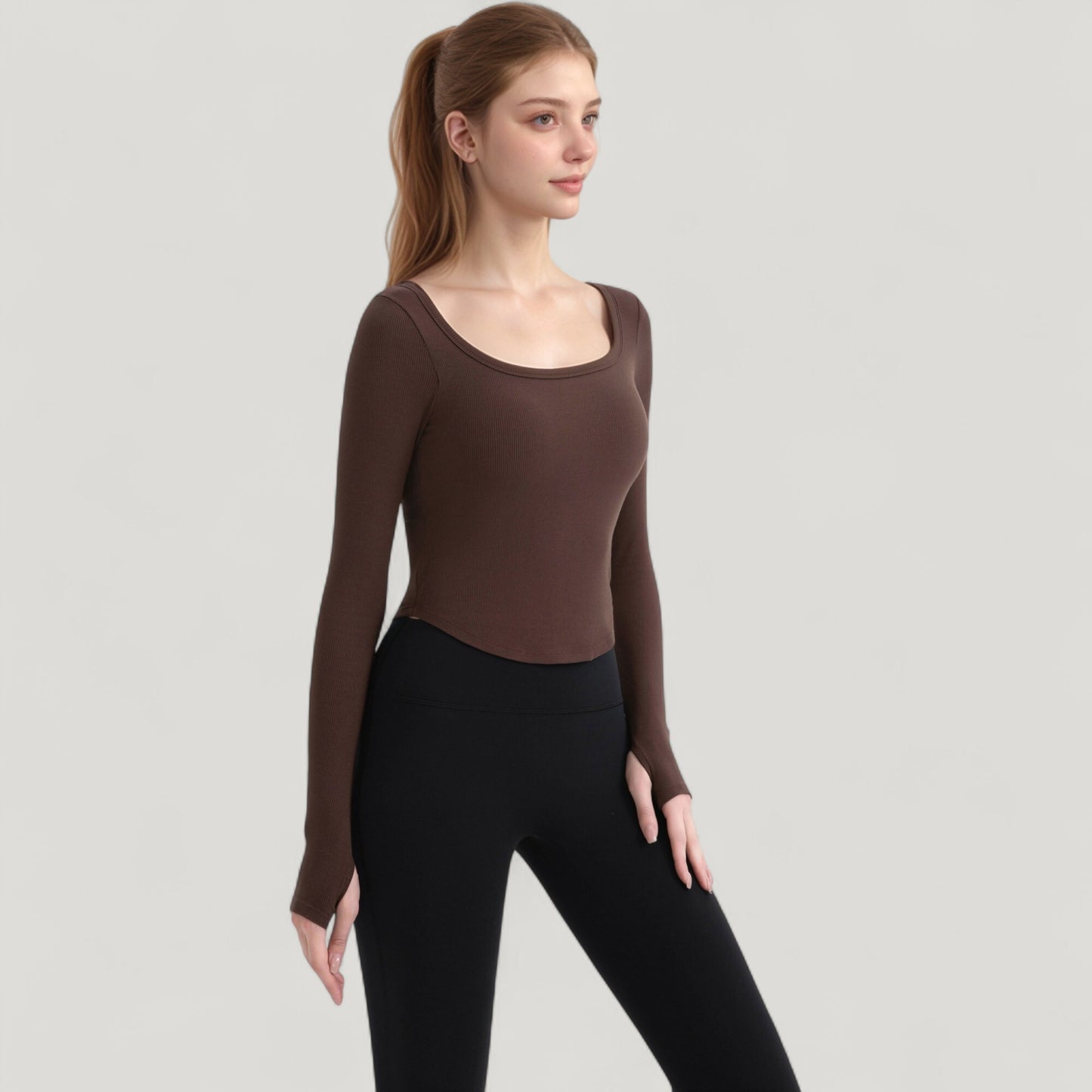 Long Sleeve Pullover Top with Deep Scoop Neck and Fitted Stretch Design