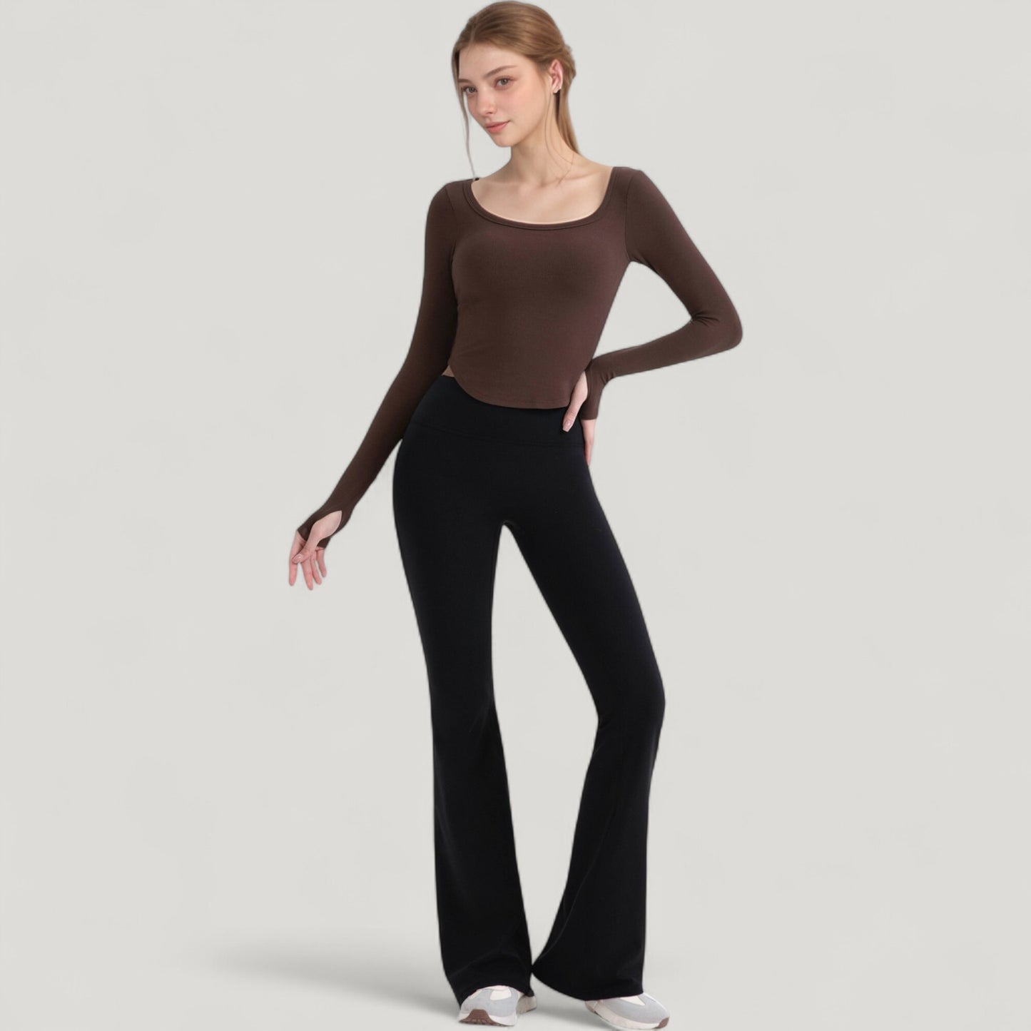 Long Sleeve Pullover Top with Deep Scoop Neck and Fitted Stretch Design