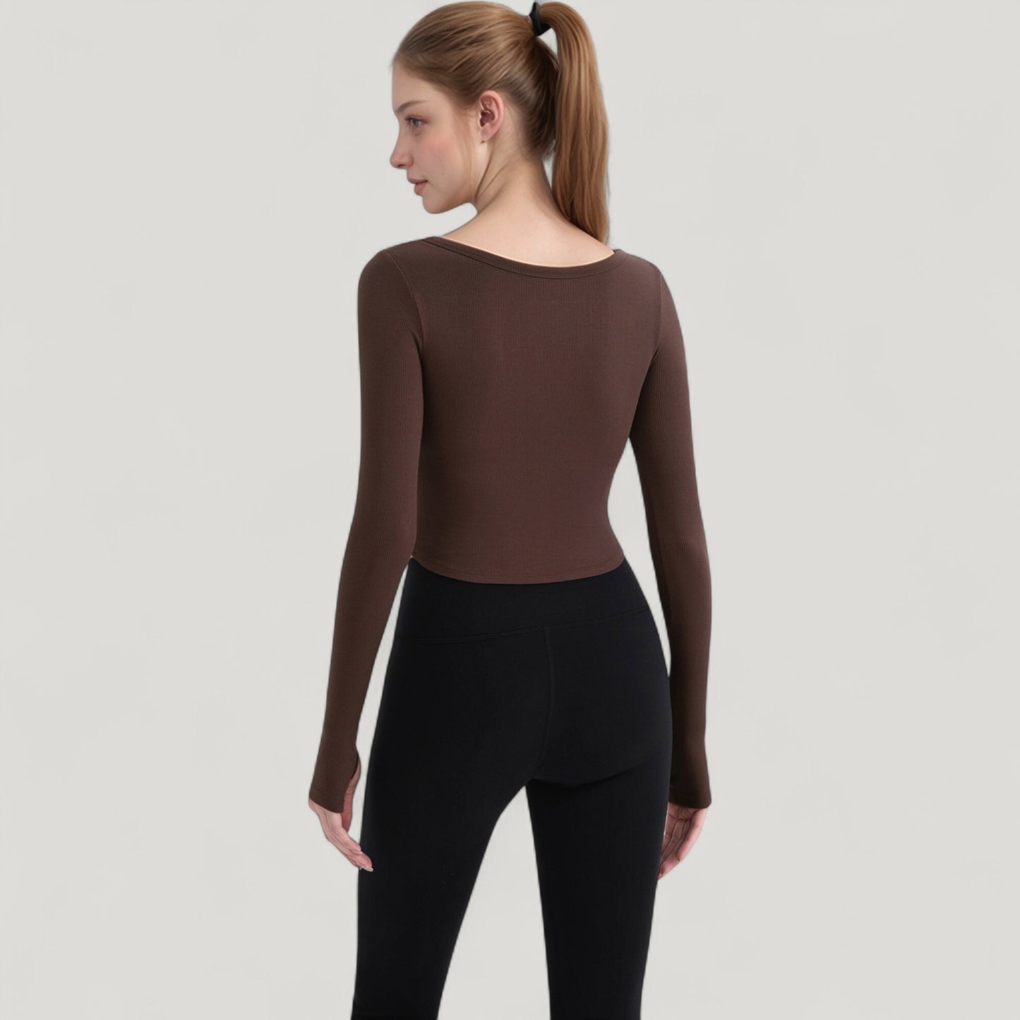 Long Sleeve Pullover Top with Deep Scoop Neck and Fitted Stretch Design