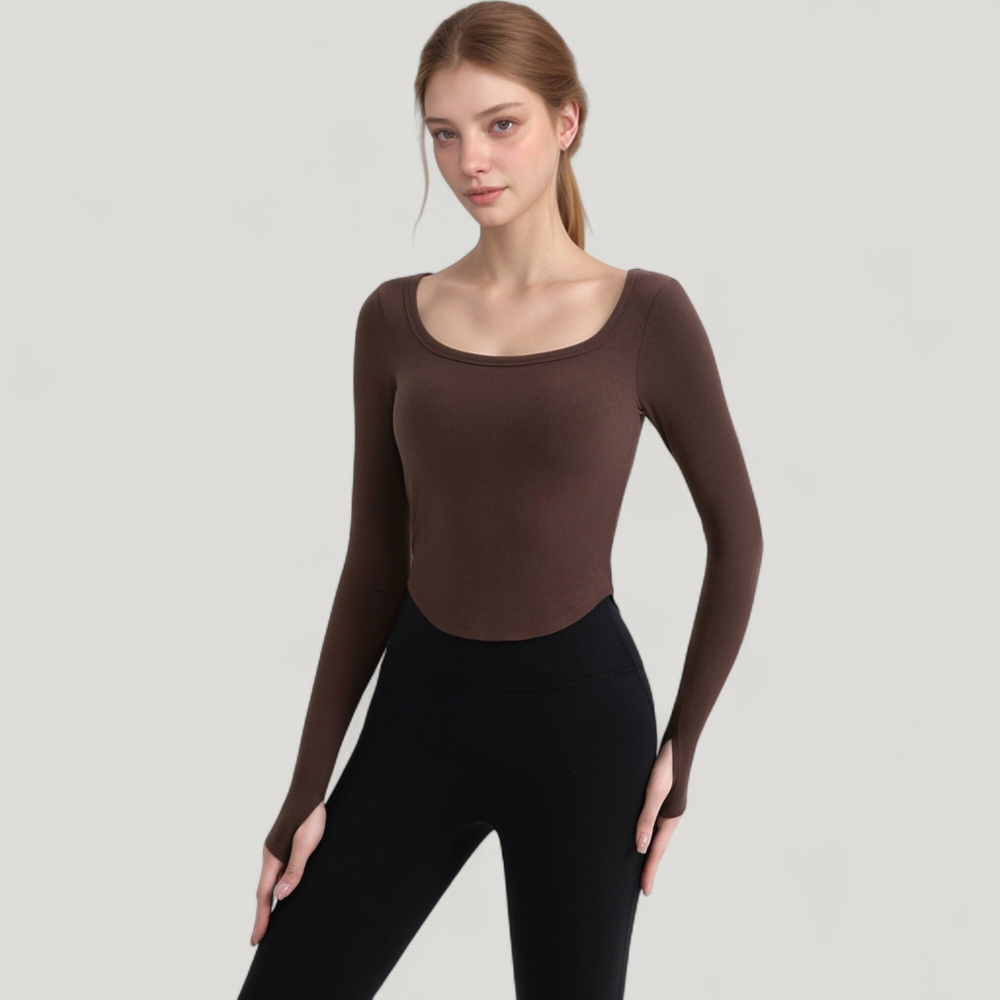 Long Sleeve Pullover Top with Deep Scoop Neck and Fitted Stretch Design