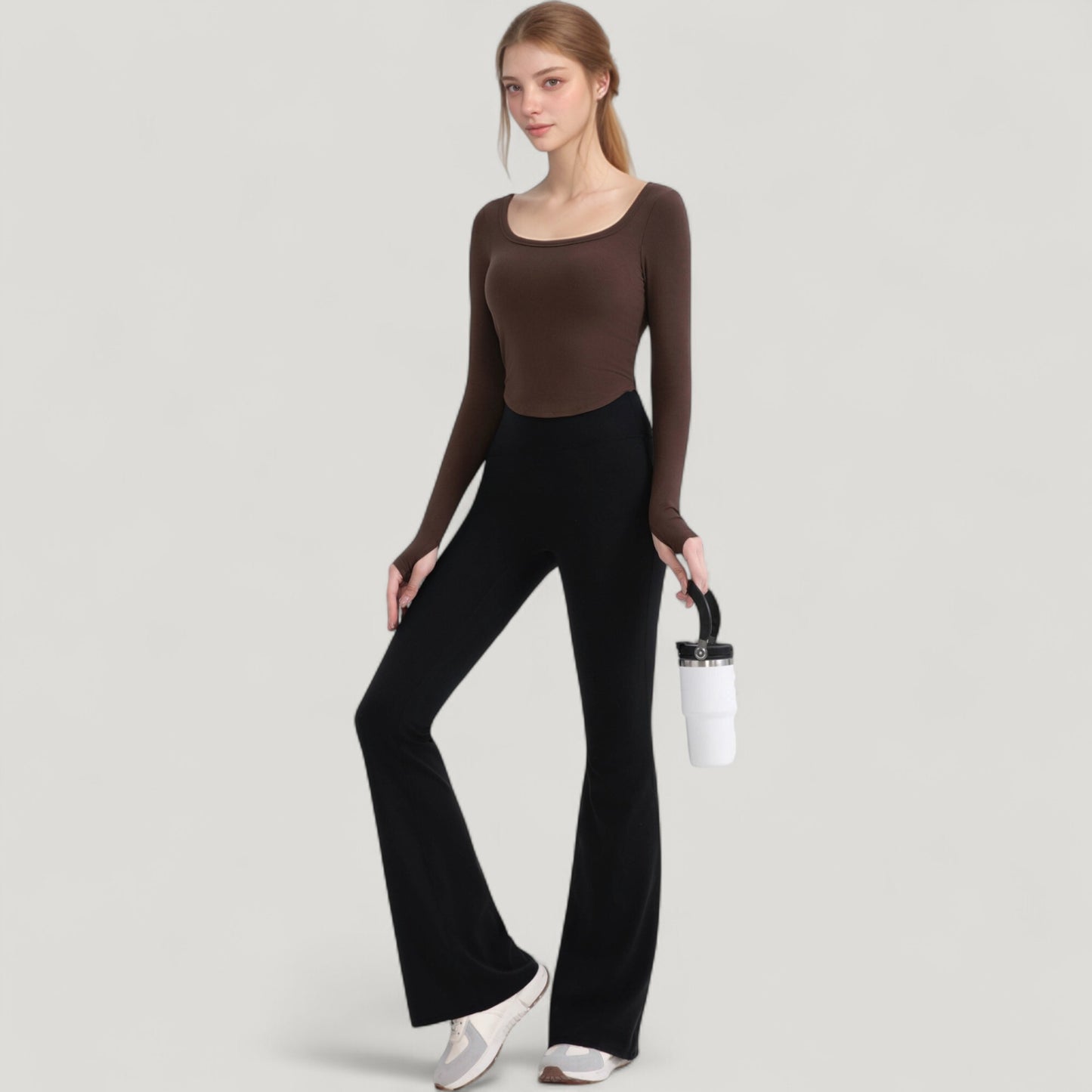 Long Sleeve Pullover Top with Deep Scoop Neck and Fitted Stretch Design