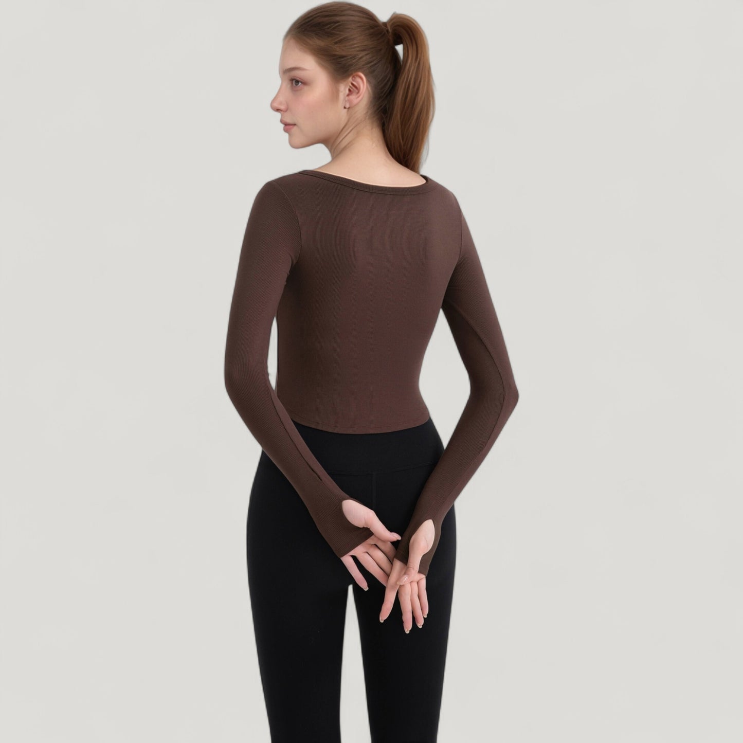 Long Sleeve Pullover Top with Deep Scoop Neck and Fitted Stretch Design