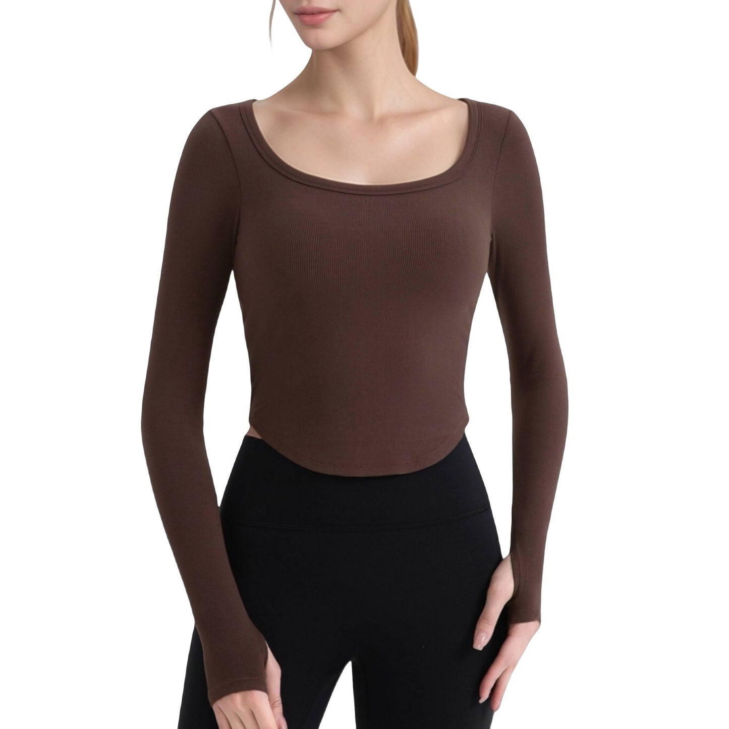 Long Sleeve Pullover Top with Deep Scoop Neck and Fitted Stretch Design