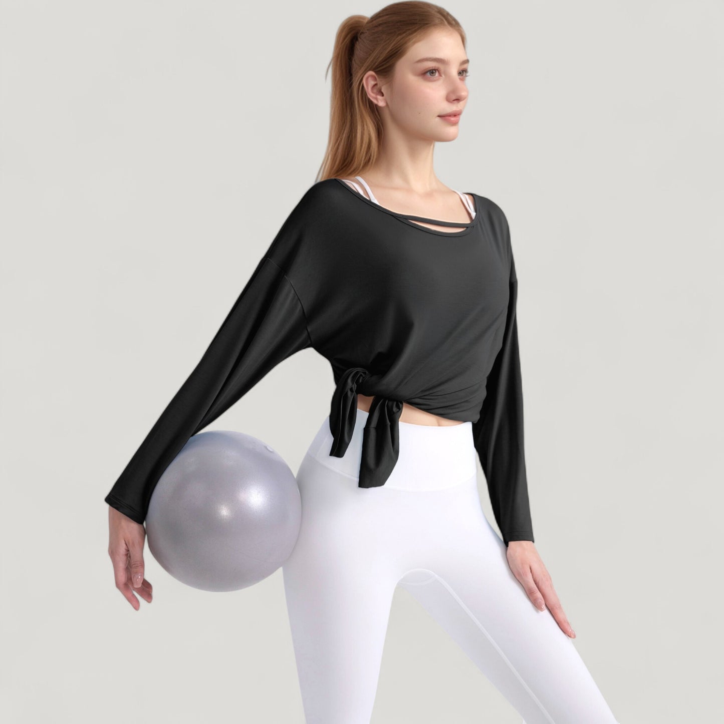 Long Sleeve Pullover Top with Cutout Scoop Neck and Side Slit Hem