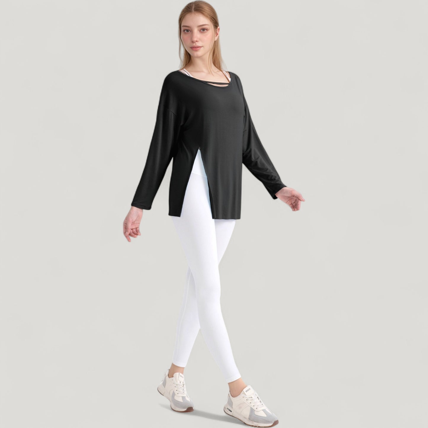 Long Sleeve Pullover Top with Cutout Scoop Neck and Side Slit Hem