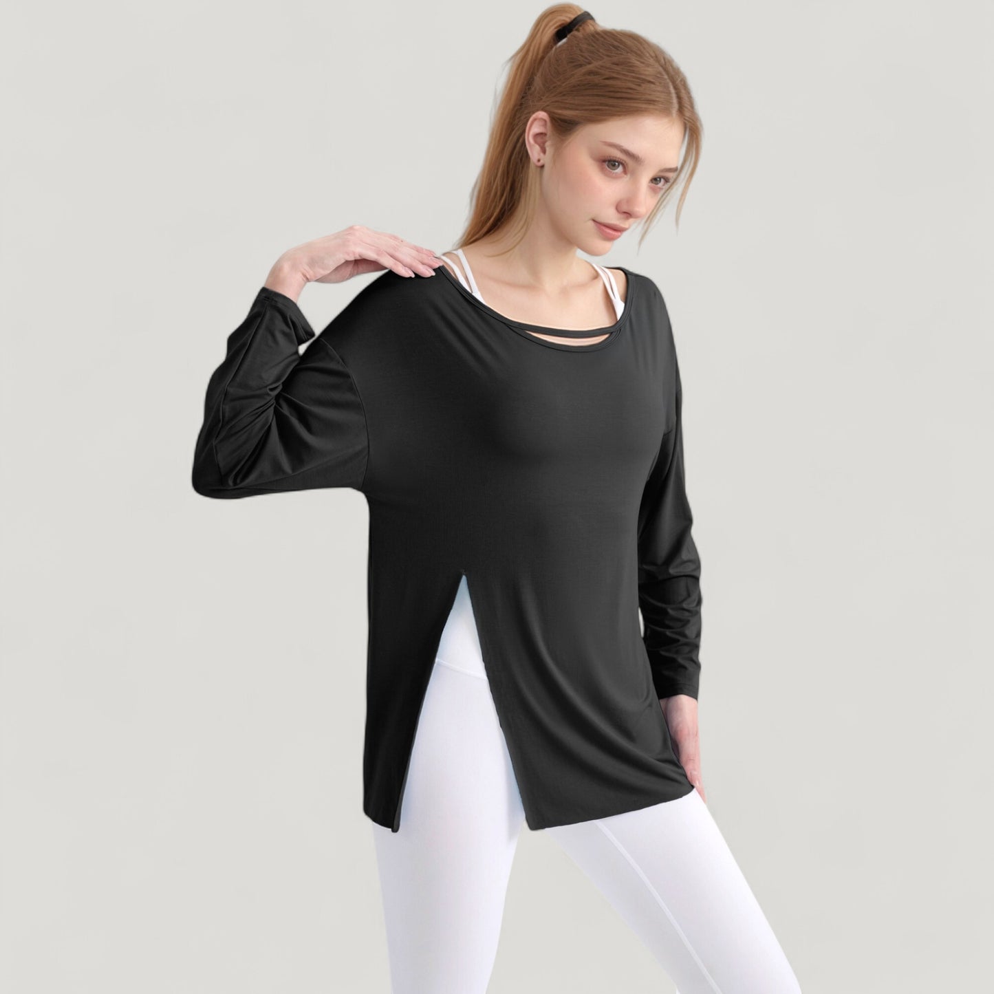 Long Sleeve Pullover Top with Cutout Scoop Neck and Side Slit Hem
