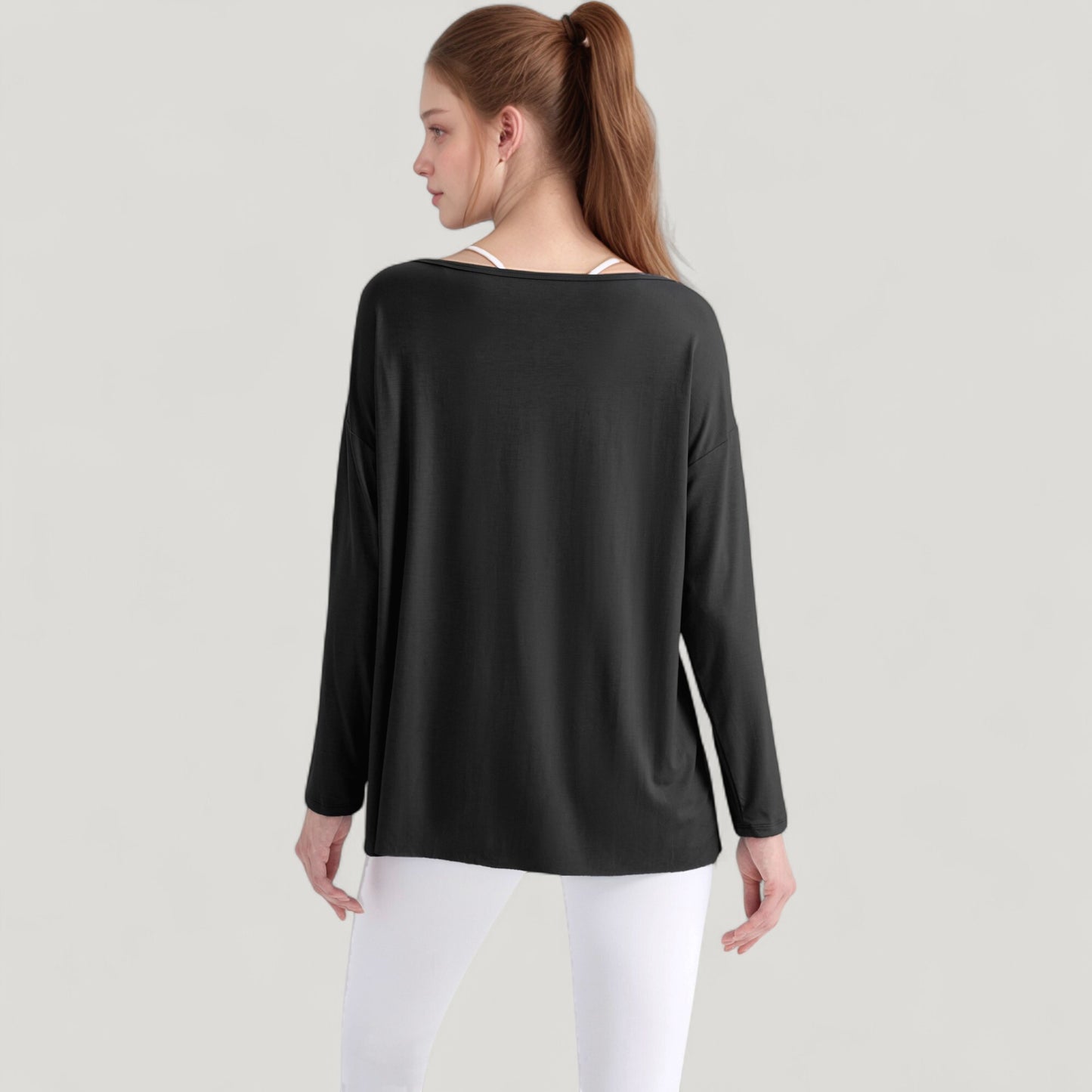 Long Sleeve Pullover Top with Cutout Scoop Neck and Side Slit Hem