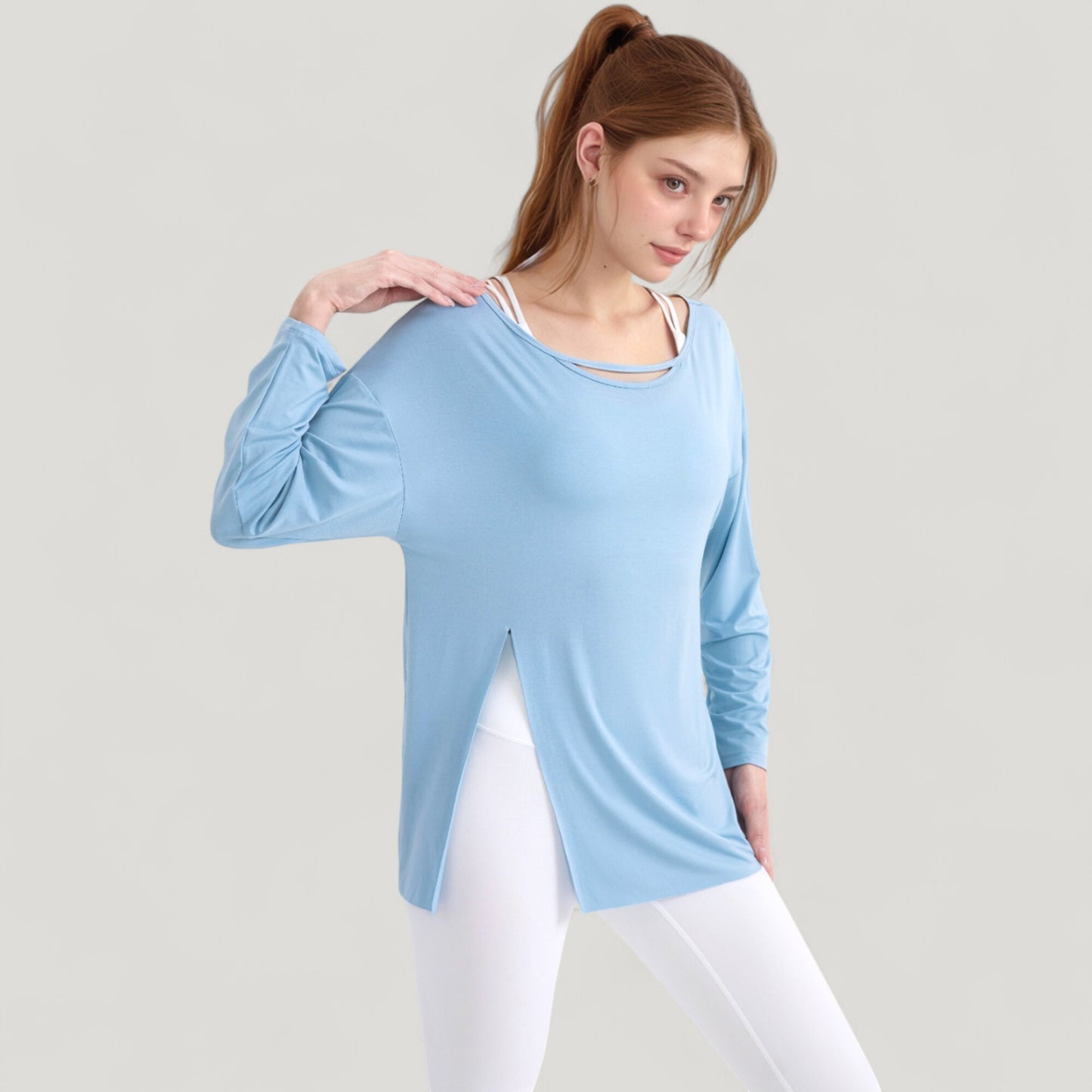 Long Sleeve Pullover Top with Cutout Scoop Neck and Side Slit Hem