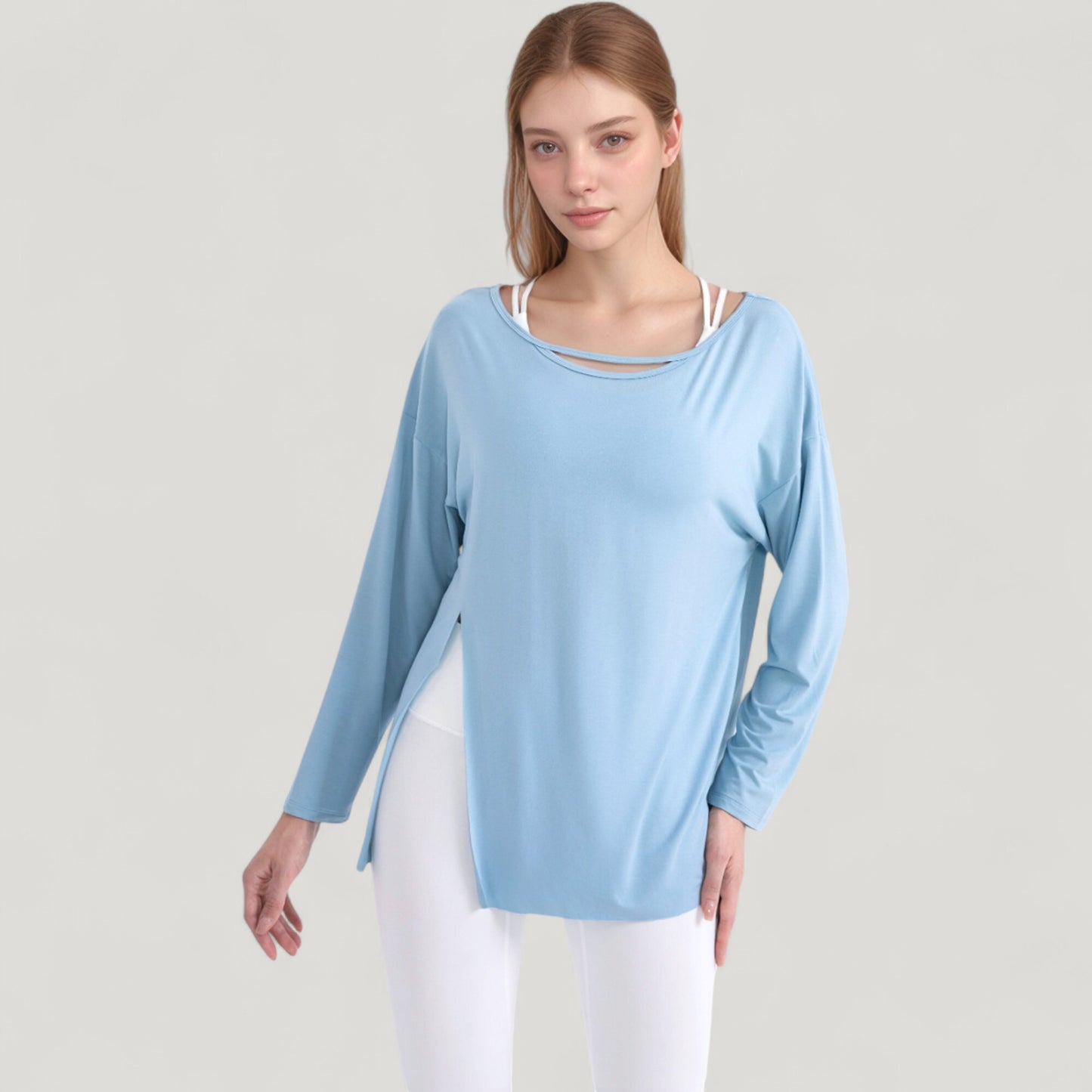 Long Sleeve Pullover Top with Cutout Scoop Neck and Side Slit Hem