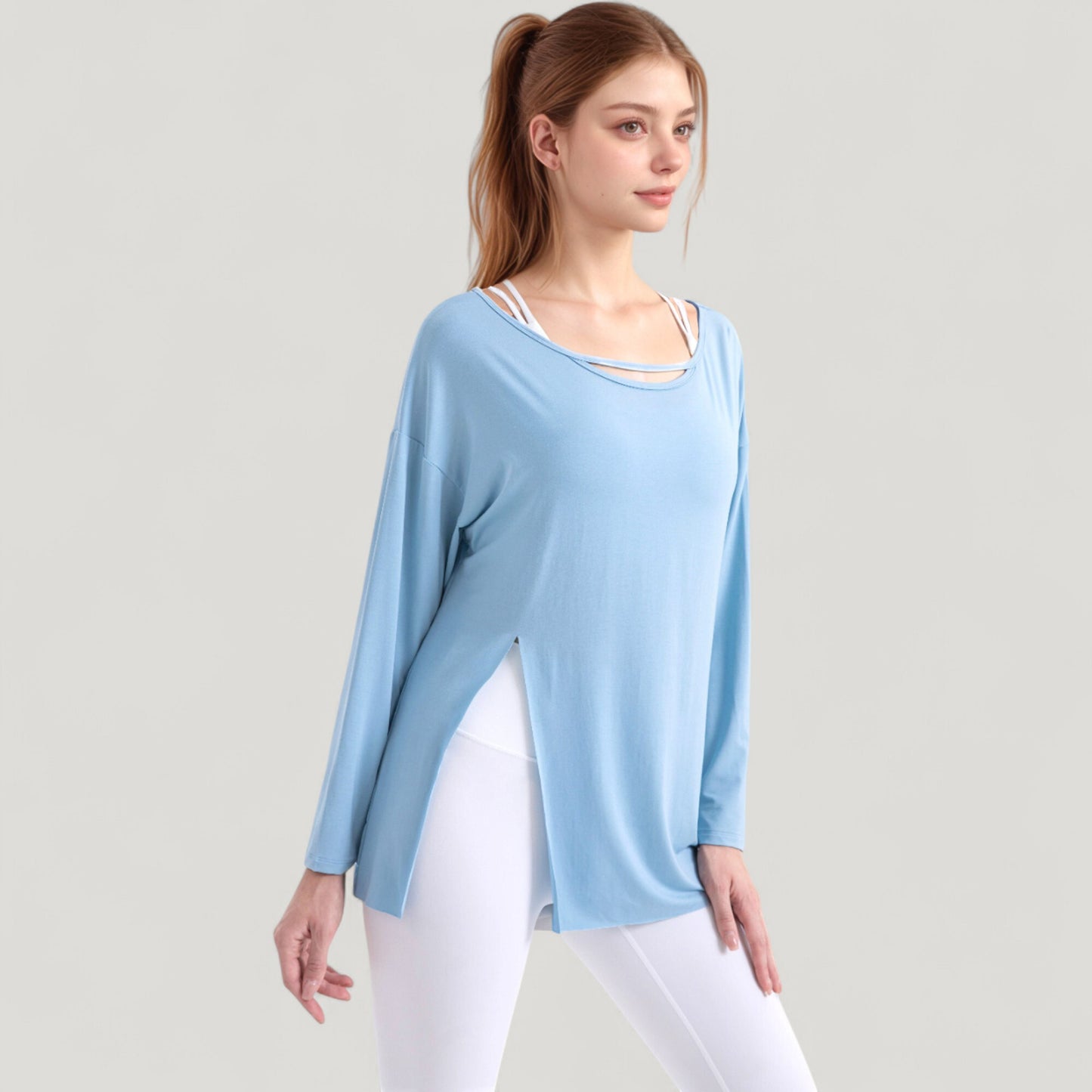 Long Sleeve Pullover Top with Cutout Scoop Neck and Side Slit Hem
