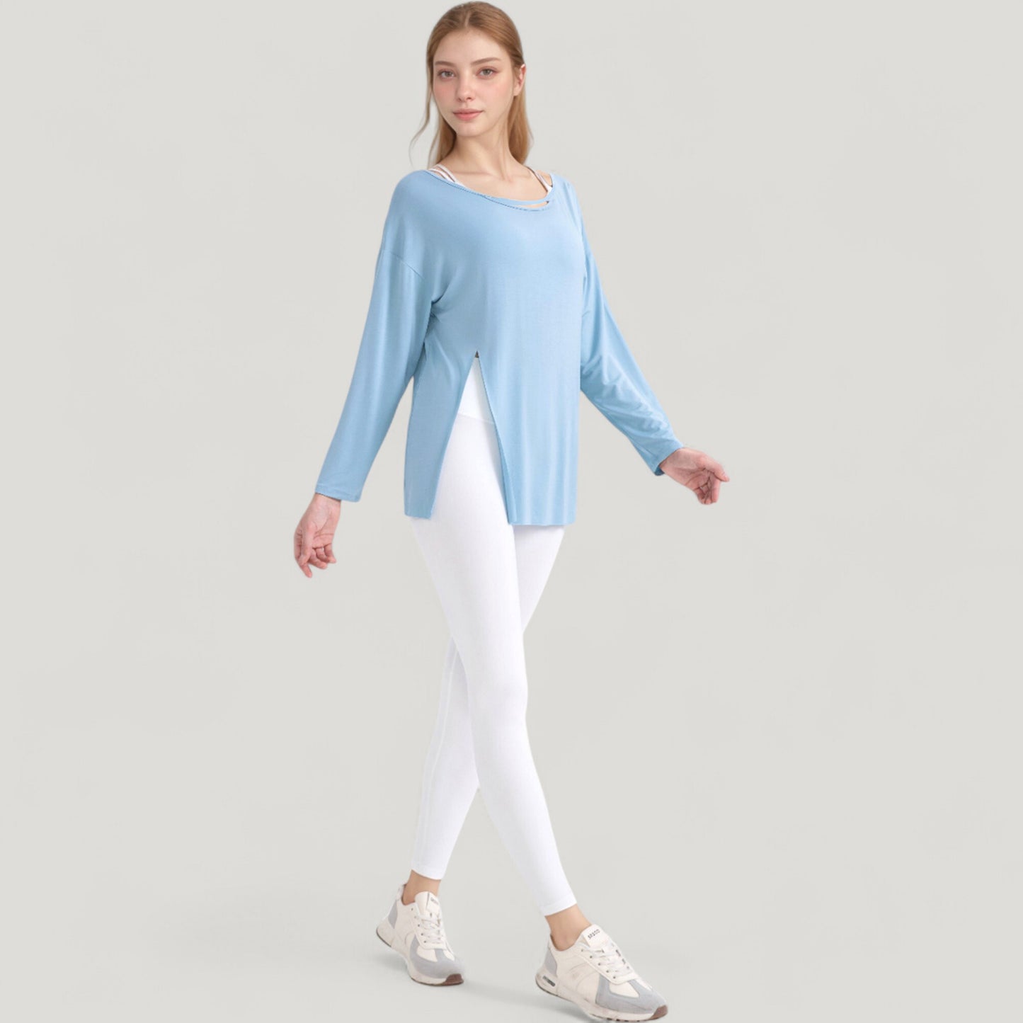 Long Sleeve Pullover Top with Cutout Scoop Neck and Side Slit Hem